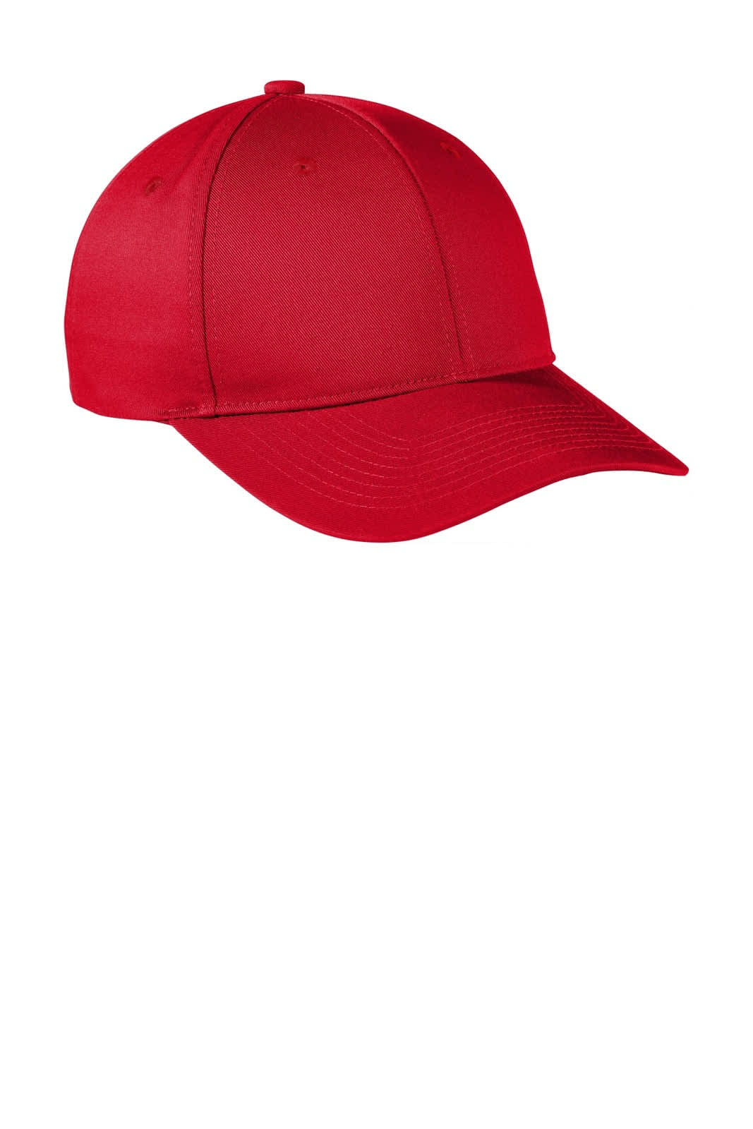A red snapback cap with a rounded crown and a slightly curved brim, featuring a logo.