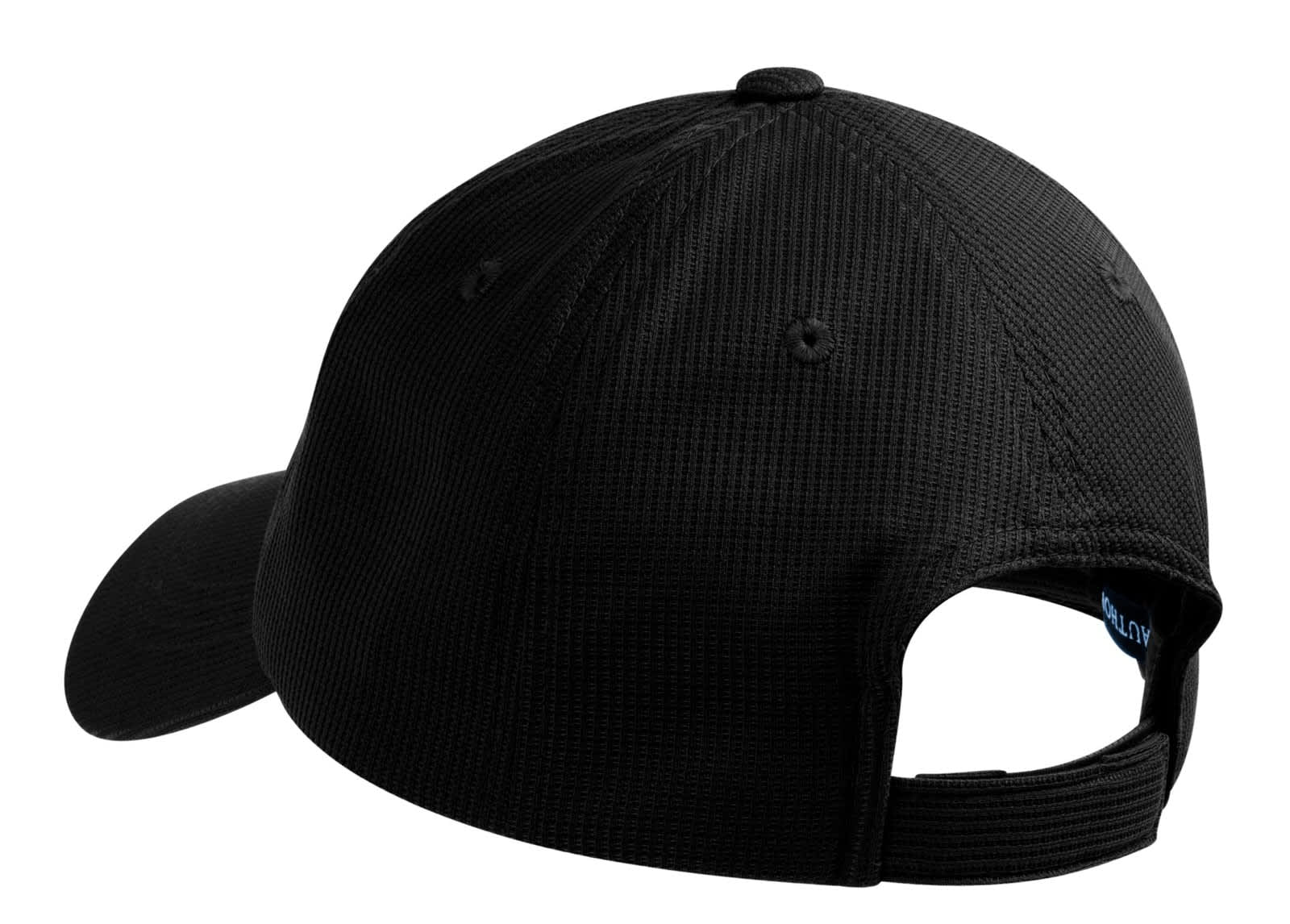 A black cap featuring a textured design and a rear adjustable strap, with a logo on the inner section.