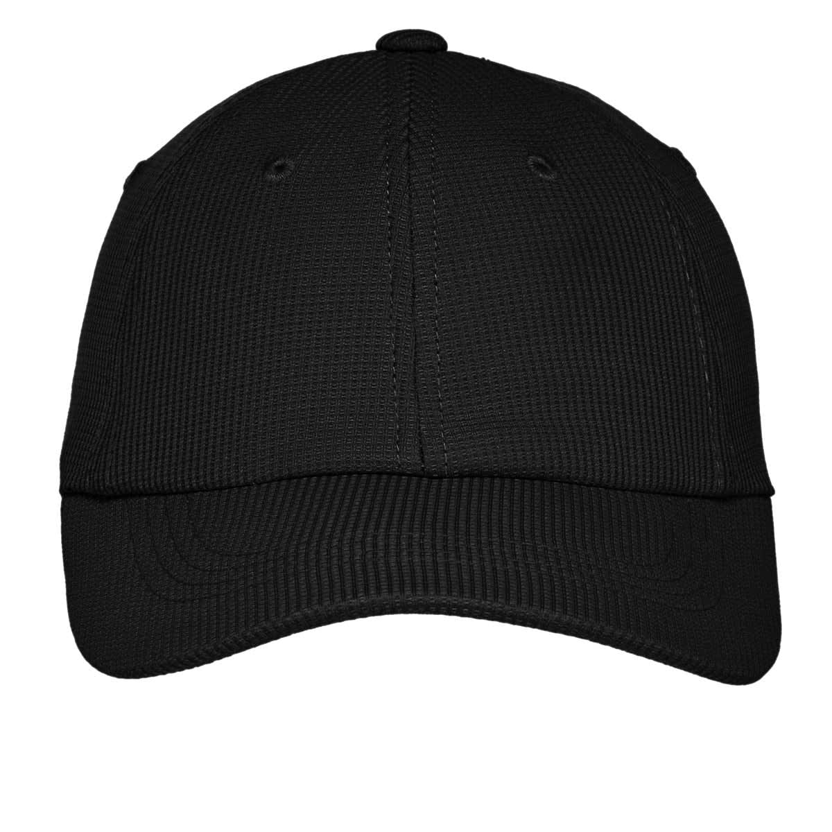 A black cap with a textured design and a logo on the front. Features adjustable back and eyelets for ventilation.