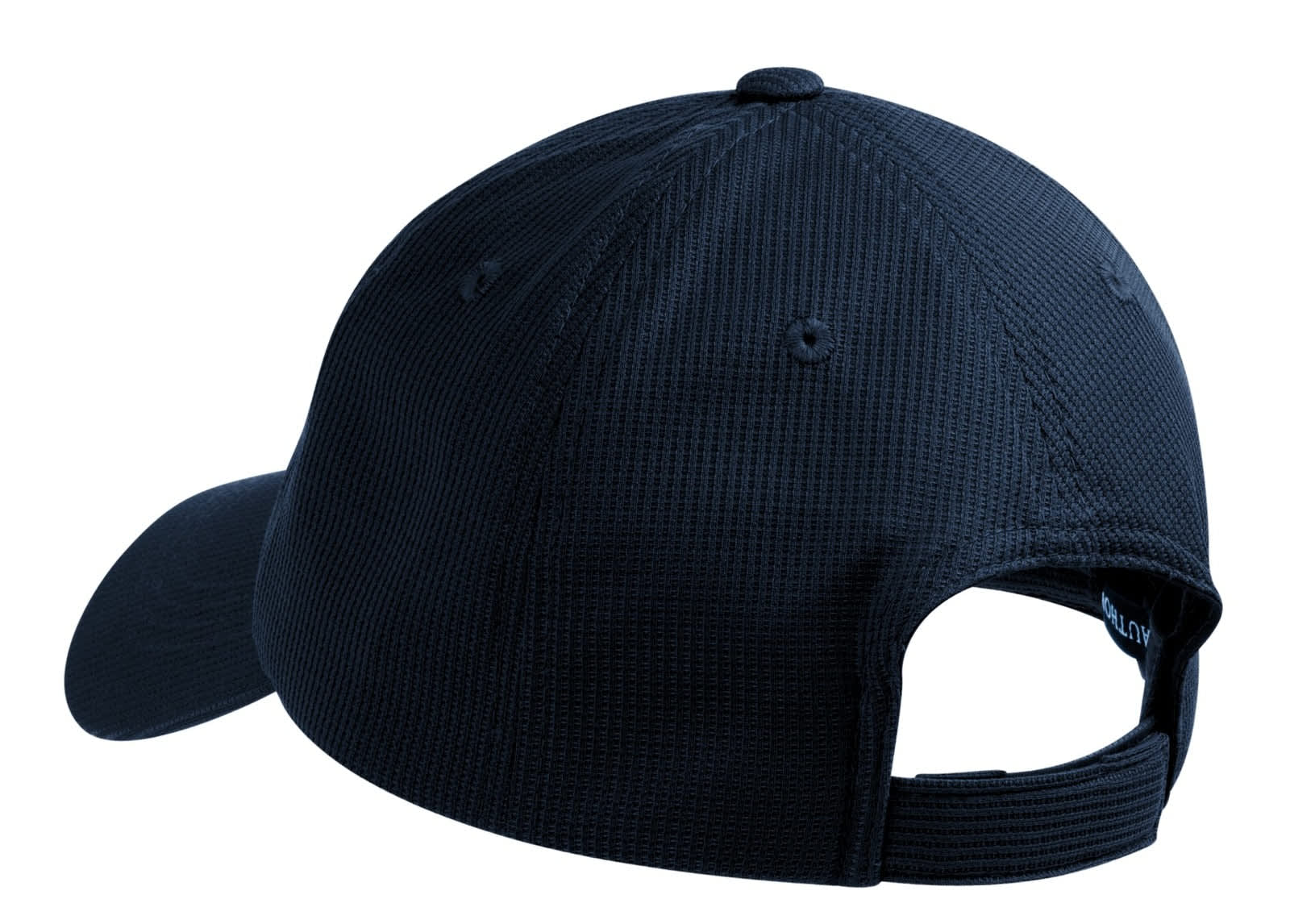 A navy cap with a textured pattern, featuring an adjustable strap and a logo on the side.