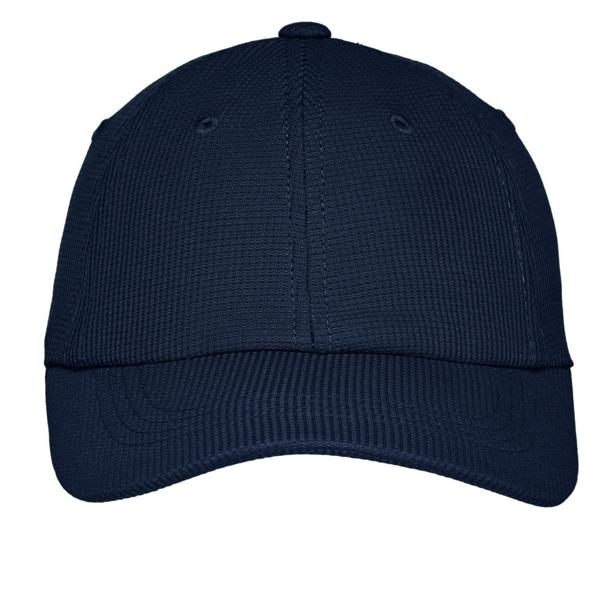 A navy cap featuring a textured pattern and a curved brim, with a logo on the front.