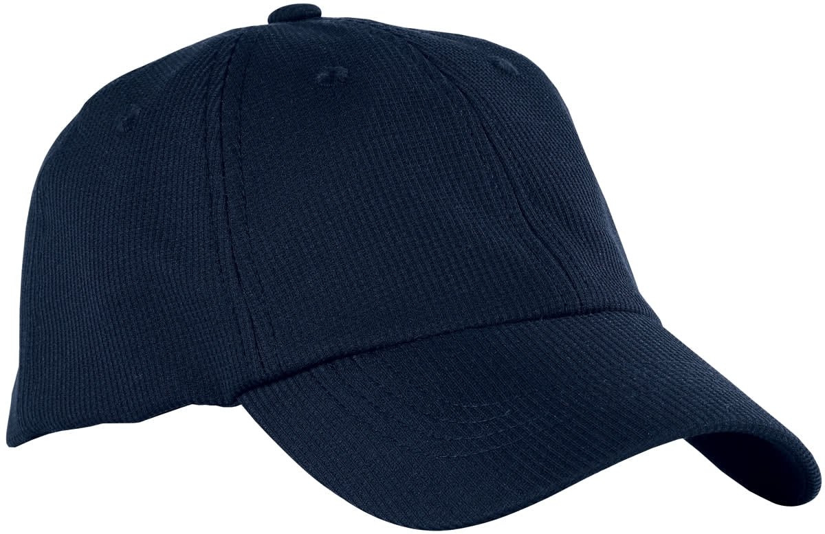 A navy blue cap with a structured front, featuring ventilation holes and a branded logo.