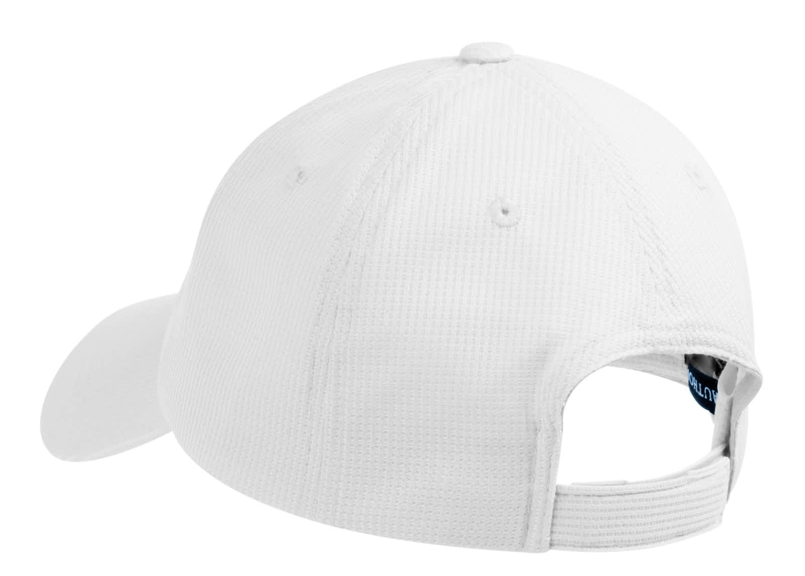 A white cap with a textured design, featuring a logo on the back and an adjustable strap.