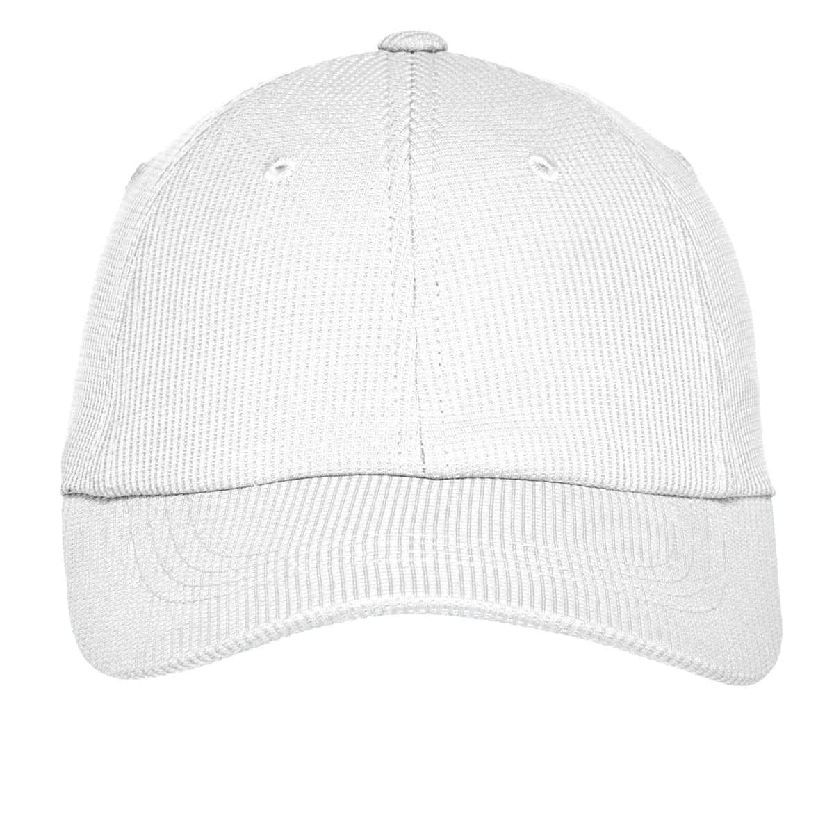A white cap with a textured design and a branding logo on the front.