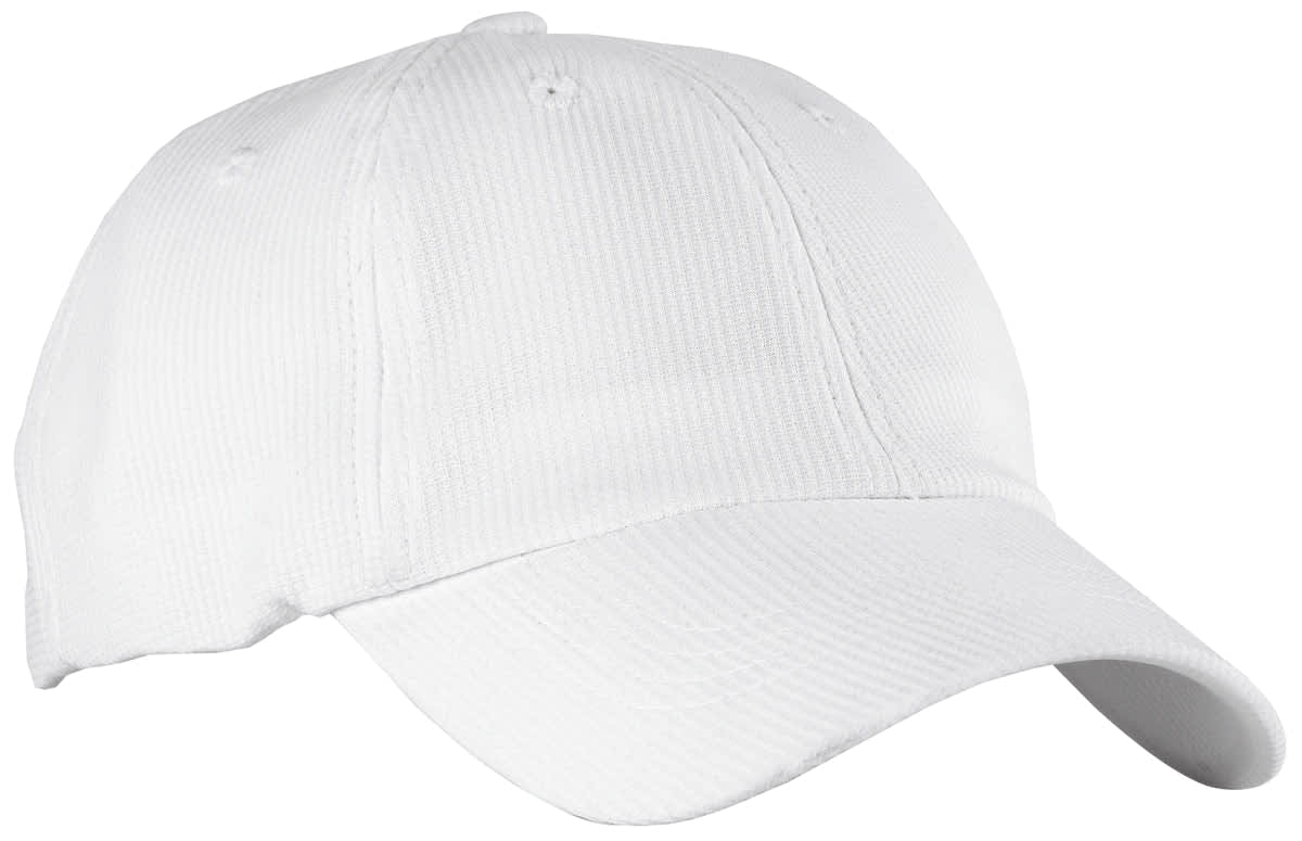 A white cap with a curved visor, featuring a logo on the front and six ventilation eyelets.