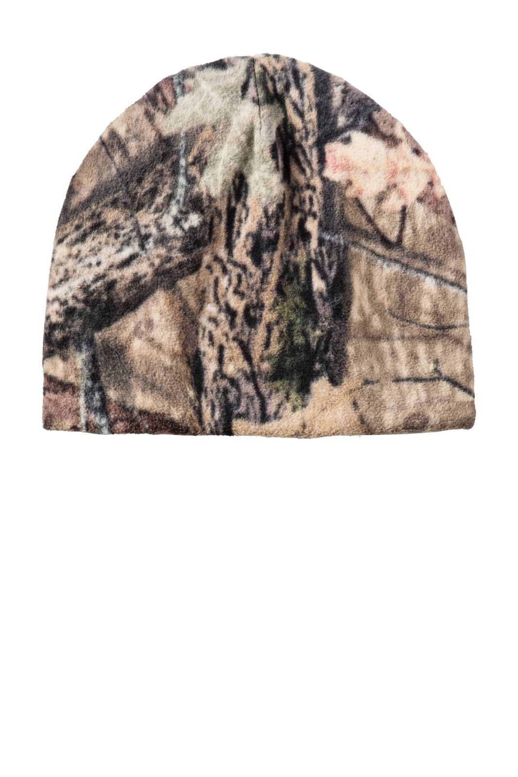 A camouflage fleece beanie featuring shades of brown, green, and beige with a soft, textured appearance.