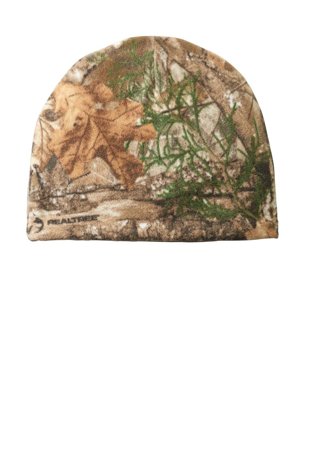A camouflage fleece beanie featuring shades of brown, green, and tan with a textured design and a logo.