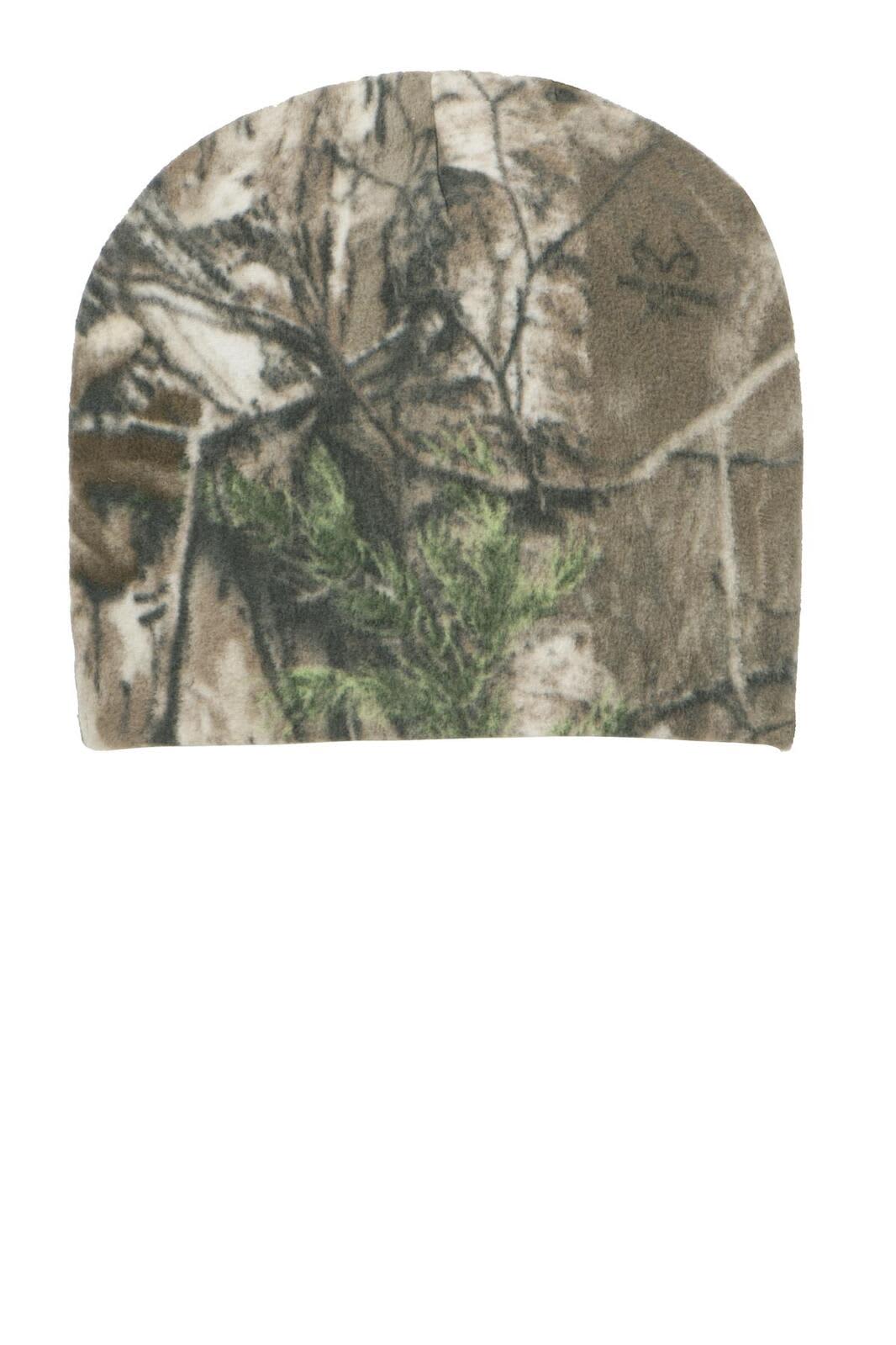 A camouflage fleece beanie featuring earthy tones and a subtle logo, perfect for outdoor wear.