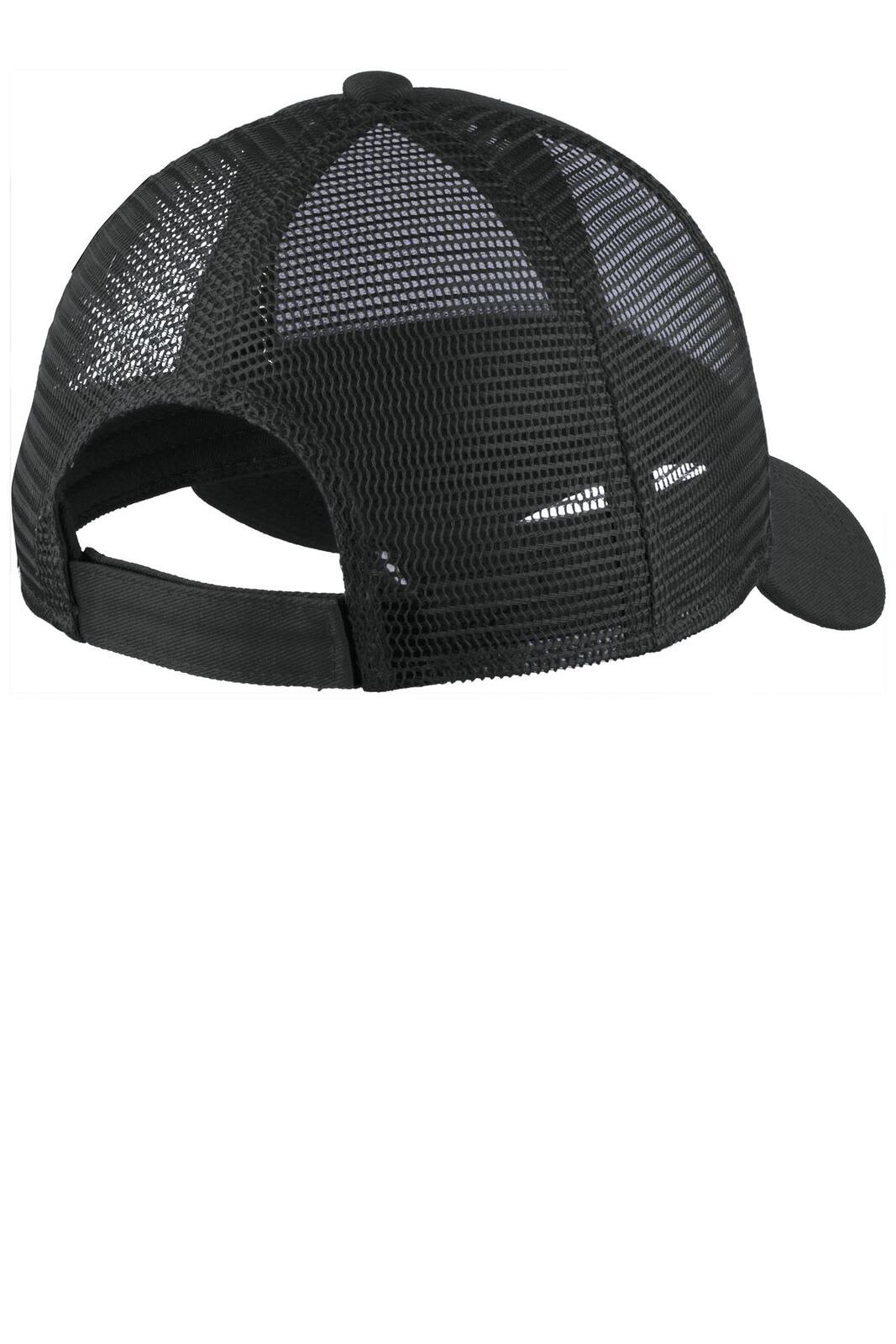 A black adjustable cap featuring a mesh back and a solid front panel, equipped with a buckle strap.