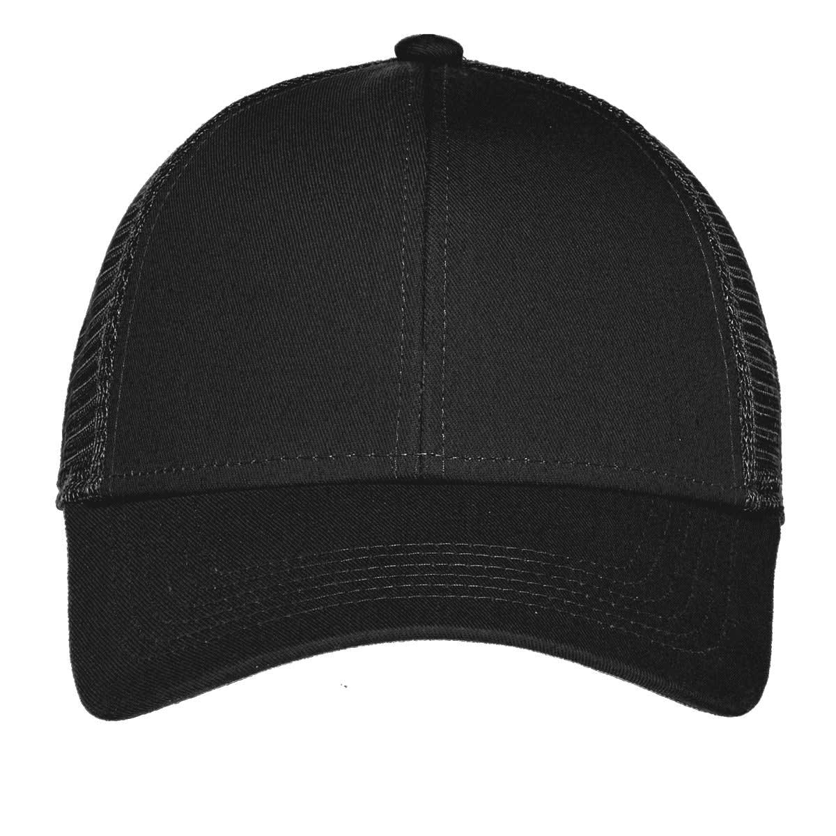 A black adjustable cap with a mesh back and a curved brim, featuring branding on the front.