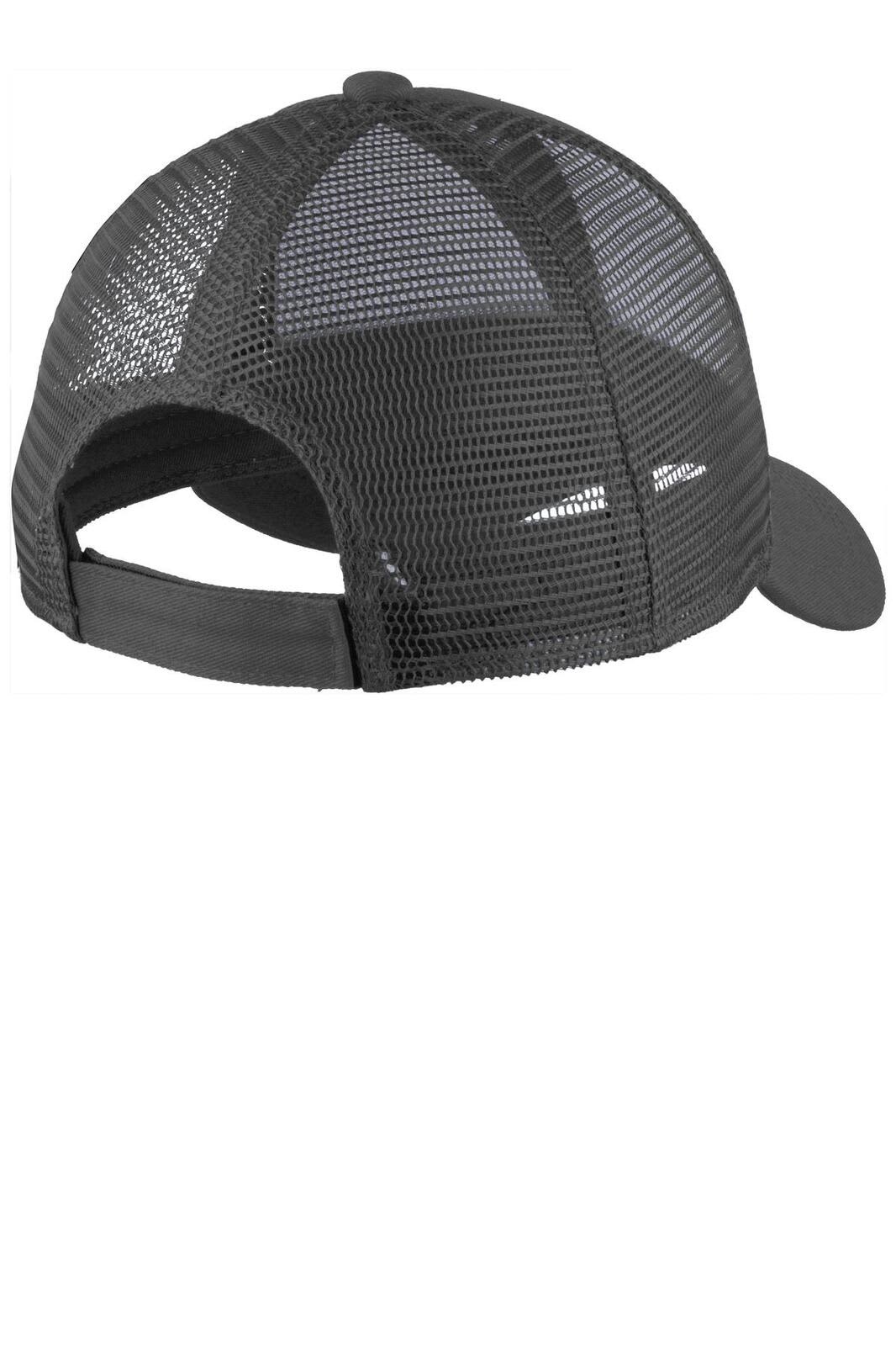 A black adjustable cap with a mesh back and a curved brim, featuring a logo on the back.