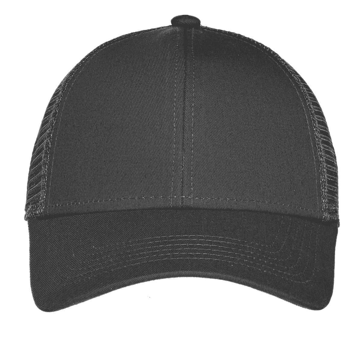 A black adjustable cap with a mesh back and a curved brim, featuring a logo on the front.