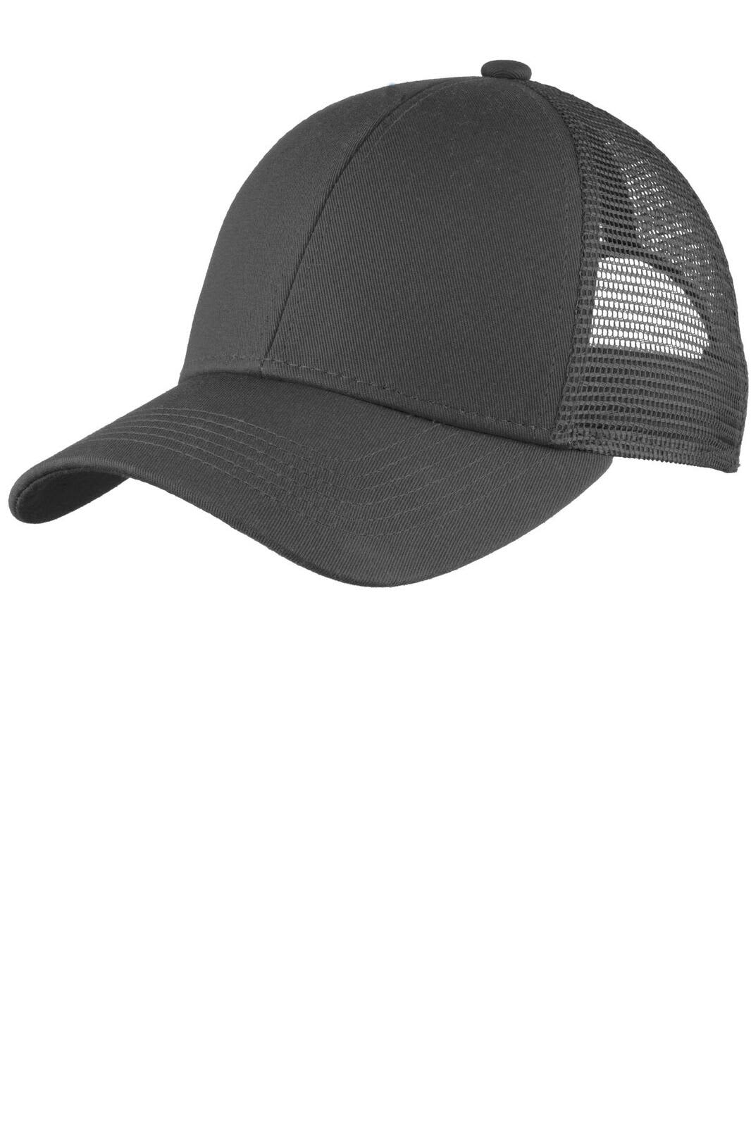 A black adjustable mesh back cap featuring a solid front panel and a mesh back. It includes a logo.