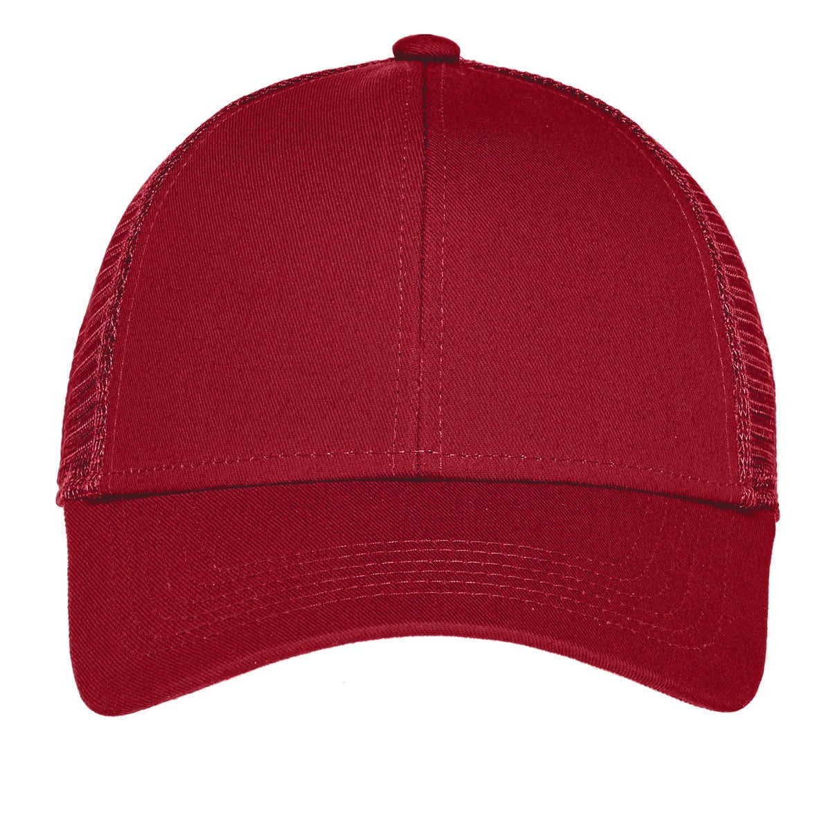 A red adjustable cap with a mesh back and a curved brim. It features a logo on the front.