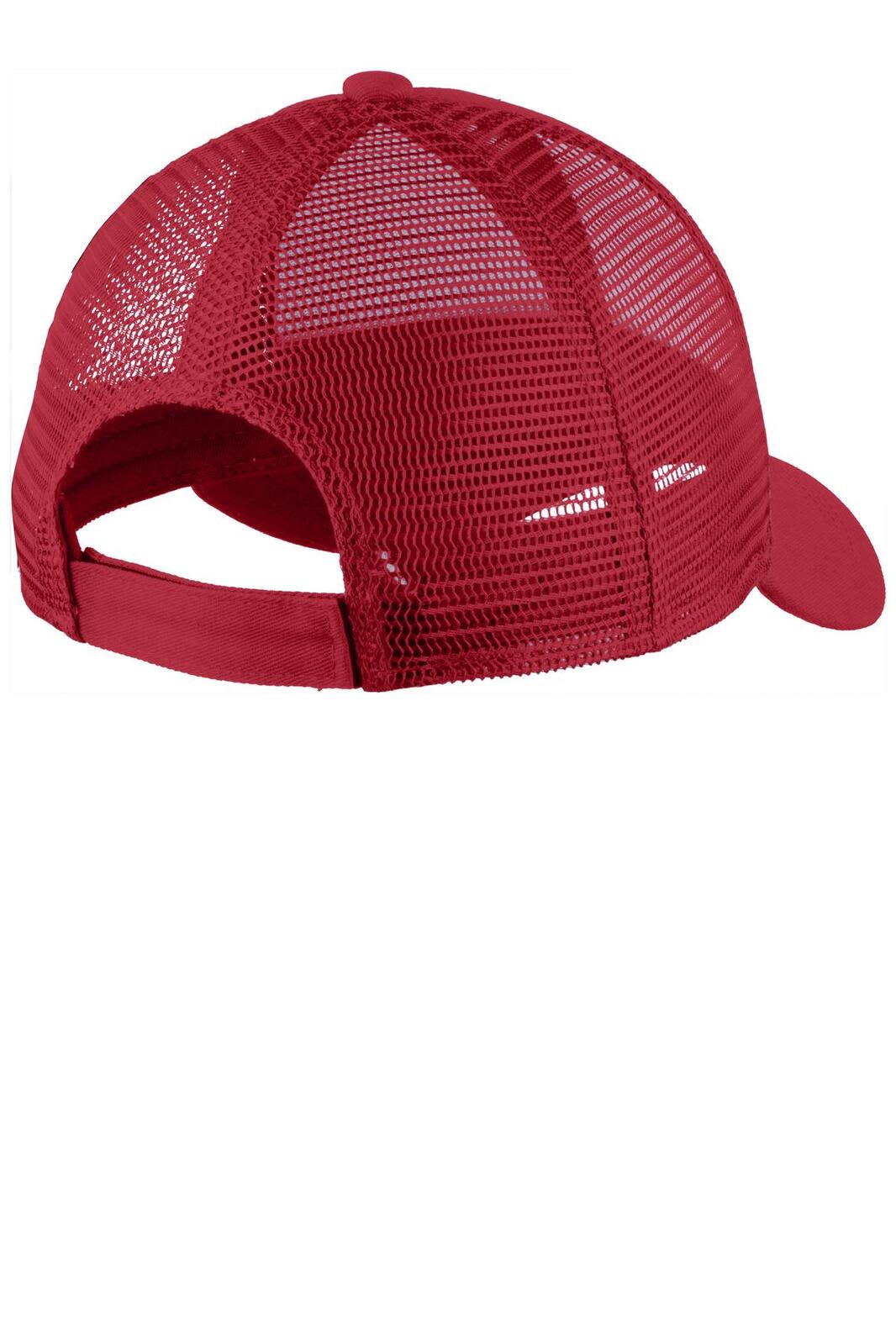 A red adjustable cap featuring a mesh back and a solid fabric front, with a logo present.