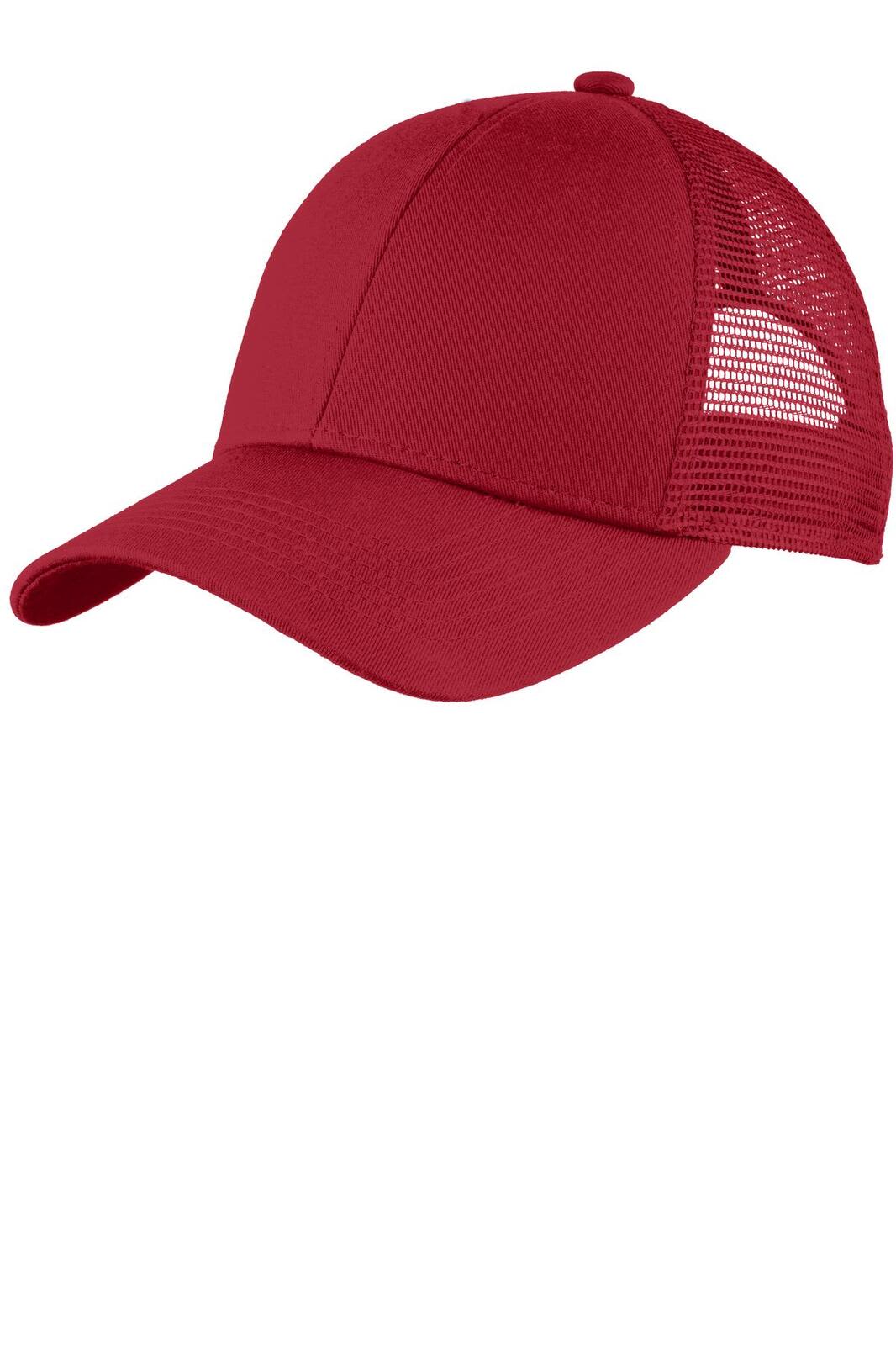 A red adjustable cap with a mesh back and a curved brim. The design includes a logo on the front.