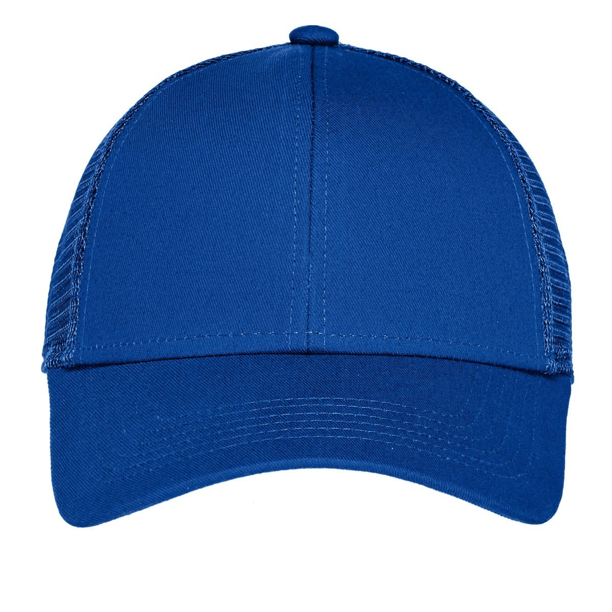 A blue adjustable mesh back cap featuring a structured front and a curved brim, with a logo on the front.
