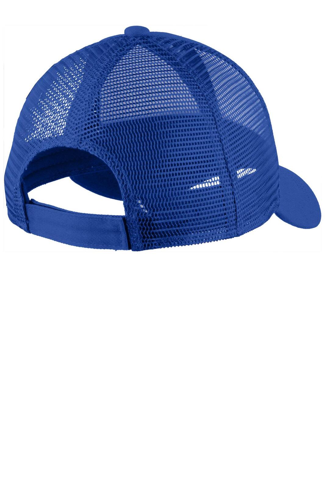 A blue adjustable mesh back cap featuring a structured design and a rear strap for fitting adjustments.
