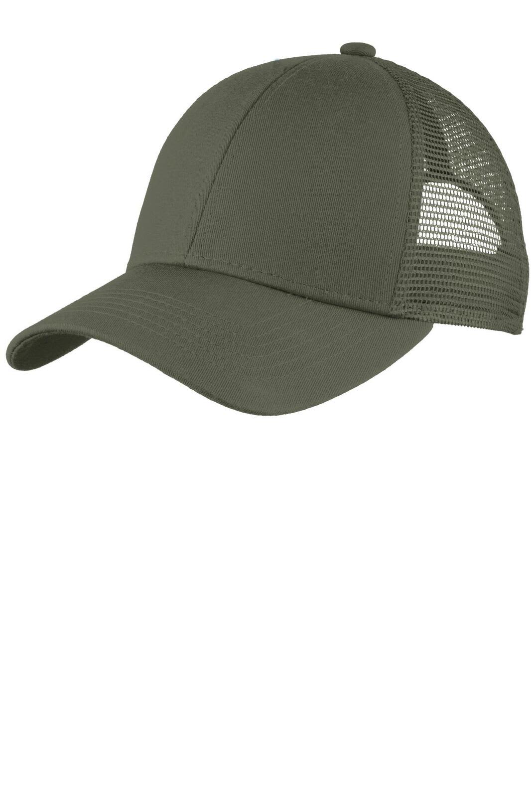 An olive green adjustable cap with a mesh back and a curved brim, featuring a logo on the side.