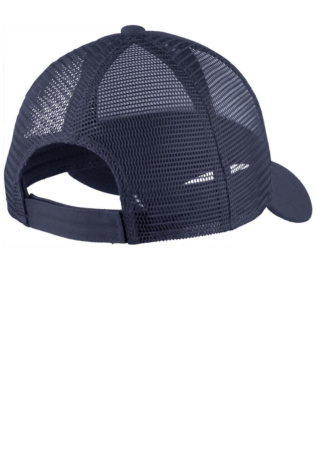 A navy adjustable cap with a mesh back, featuring a curved peak and an adjustable strap.
