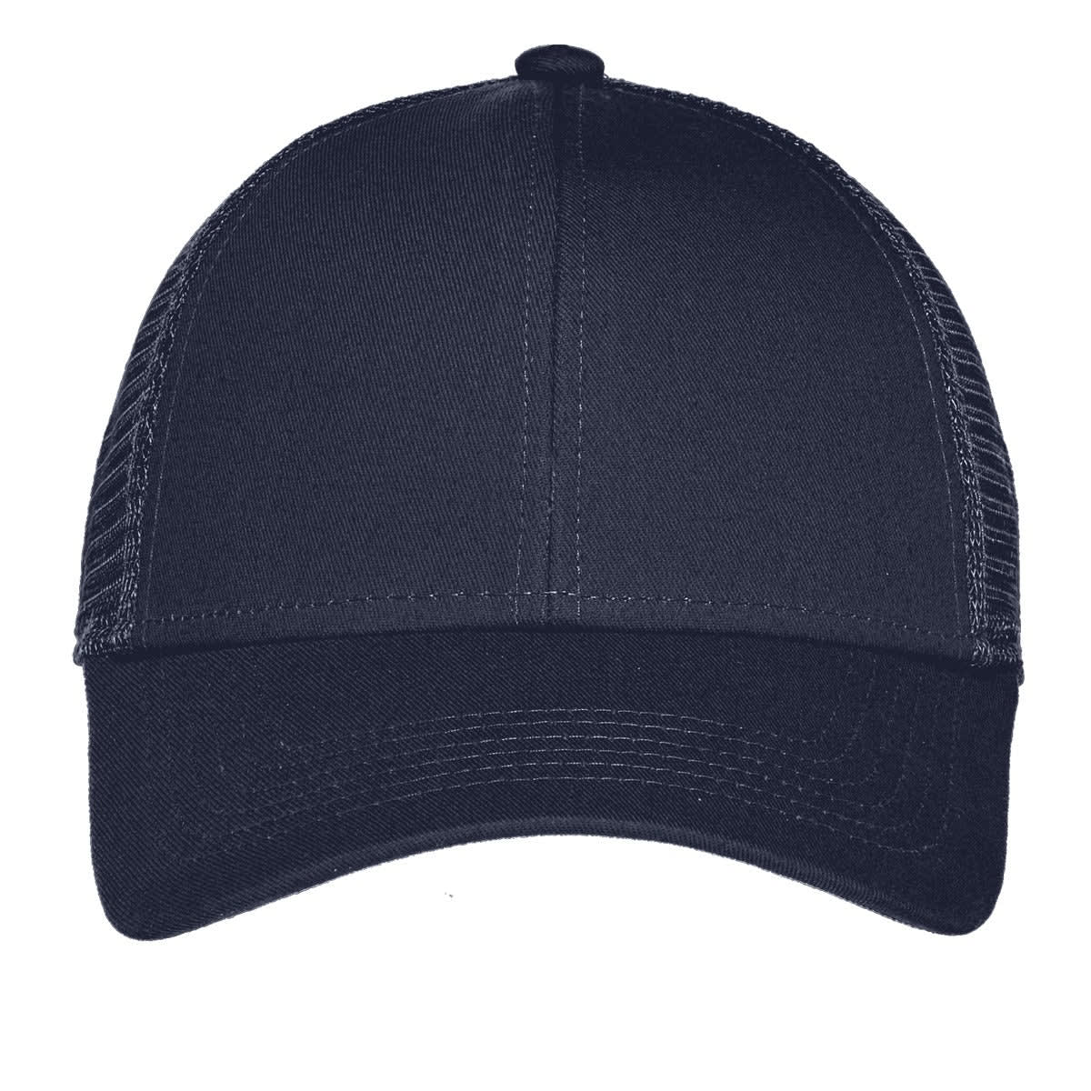 A navy blue adjustable mesh back cap featuring a solid front and mesh side panels. It includes a logo.