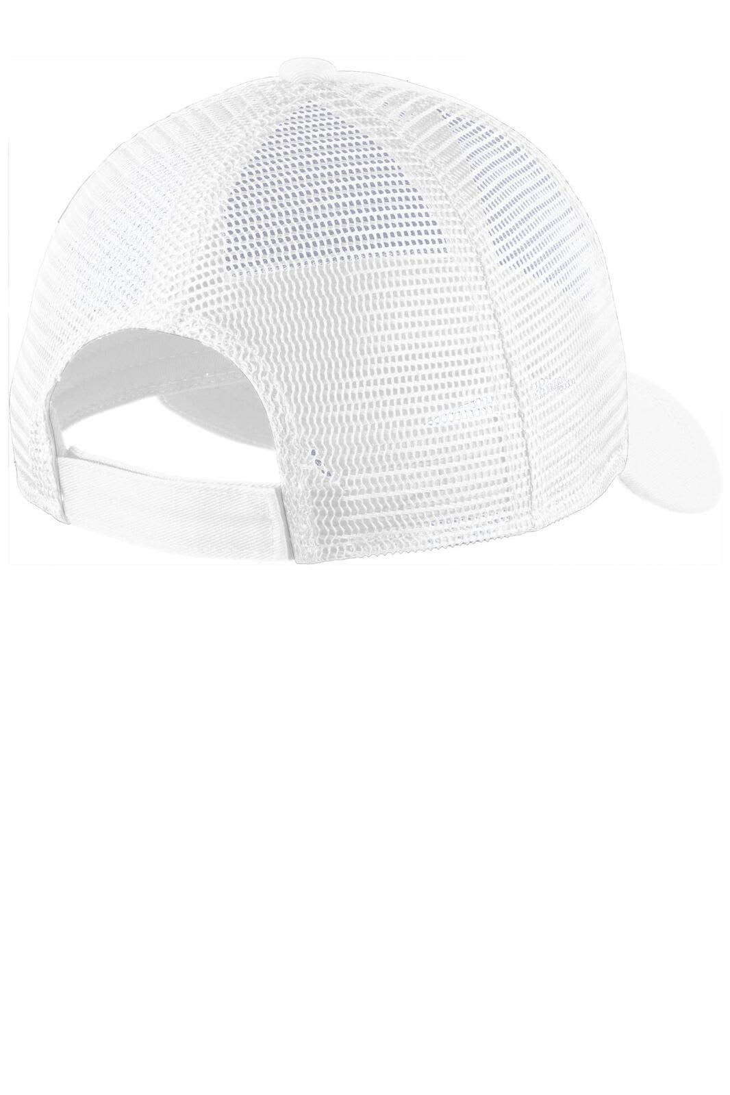A white adjustable cap with a mesh back and a curved brim, featuring a logo on the front.