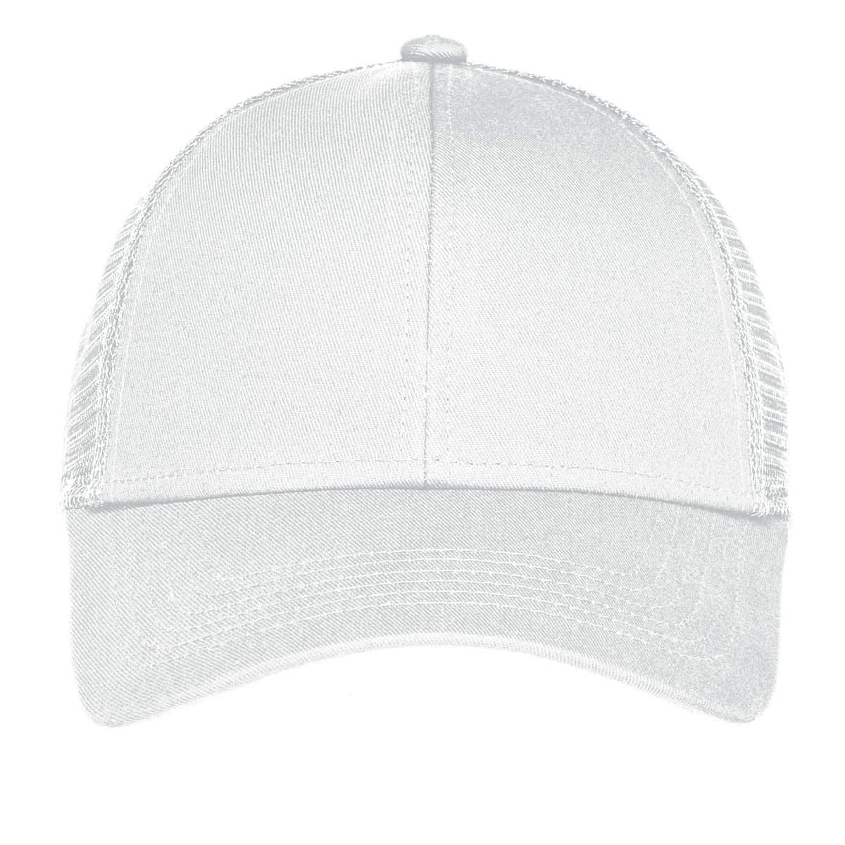 A white adjustable mesh back cap with a solid front panel and a curved brim. It features a logo on the front.