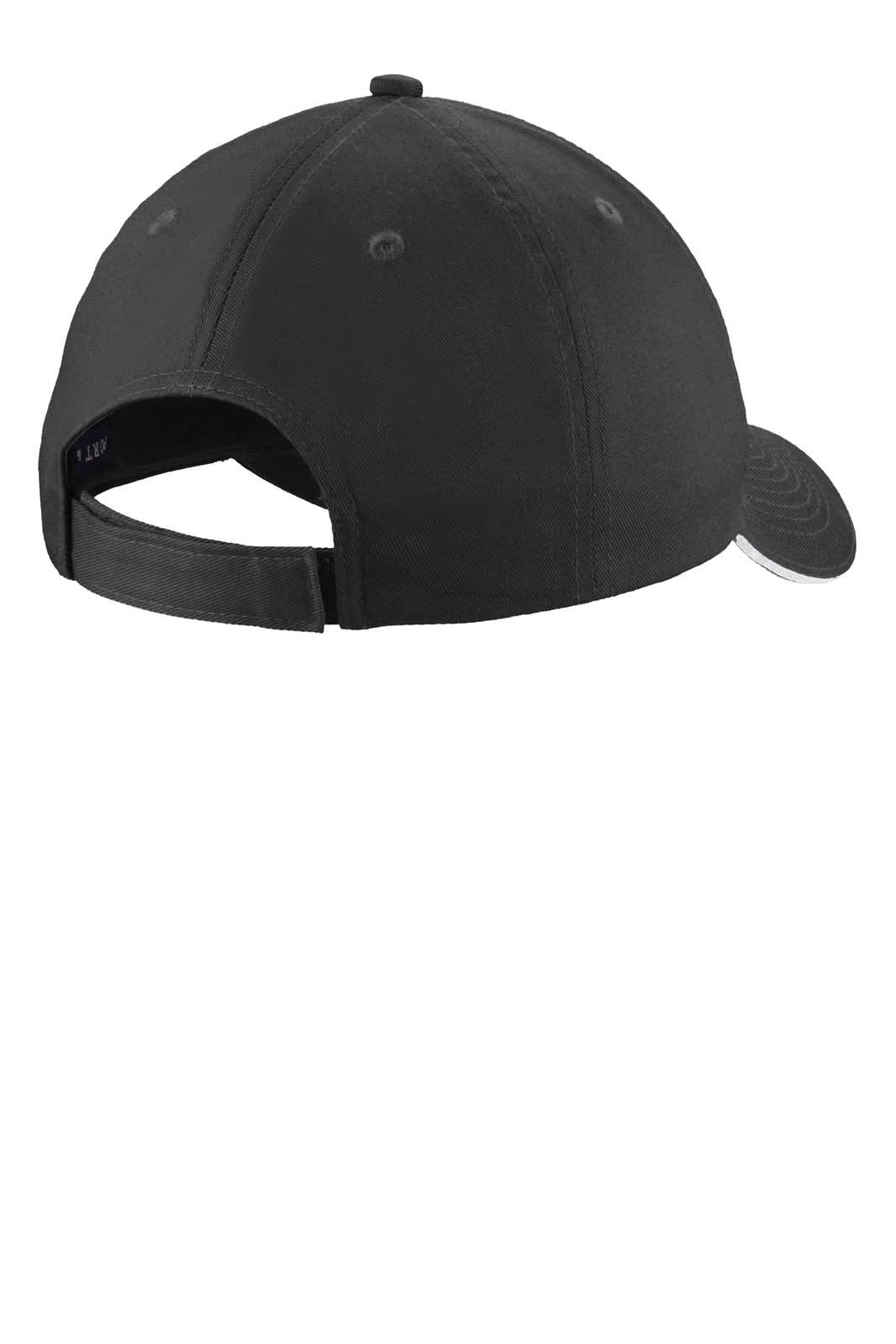 A black unstructured cap with a sandwich bill and adjustable back strap. It features a logo on the side.