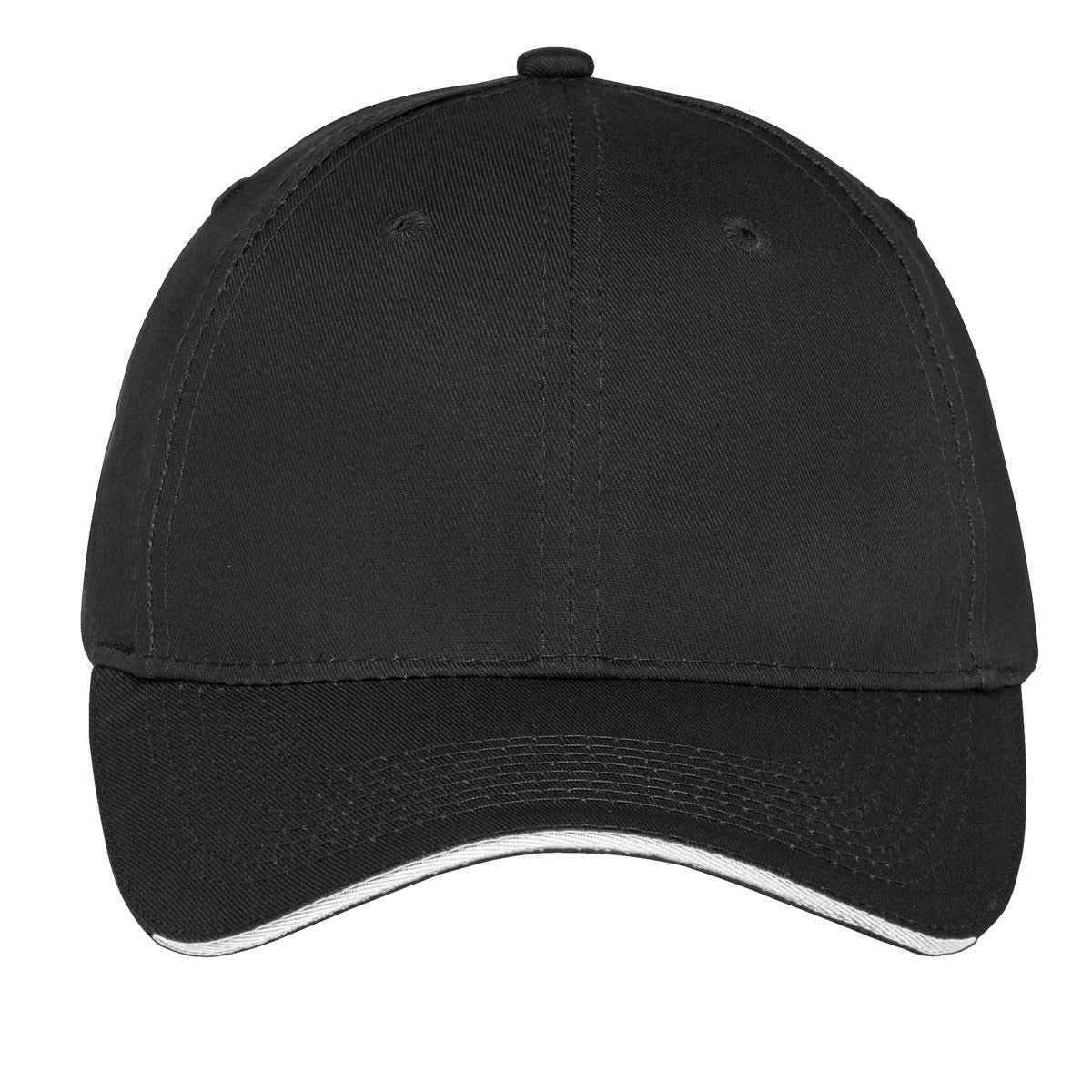 A black unstructured cap with a sandwich bill and a logo on the front.