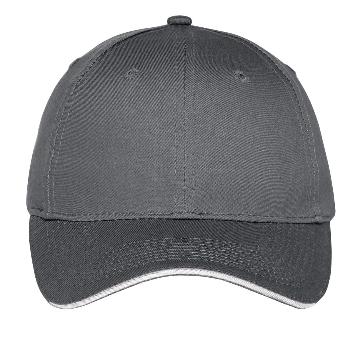 A grey unstructured cap with a sandwich bill and a logo on the front.