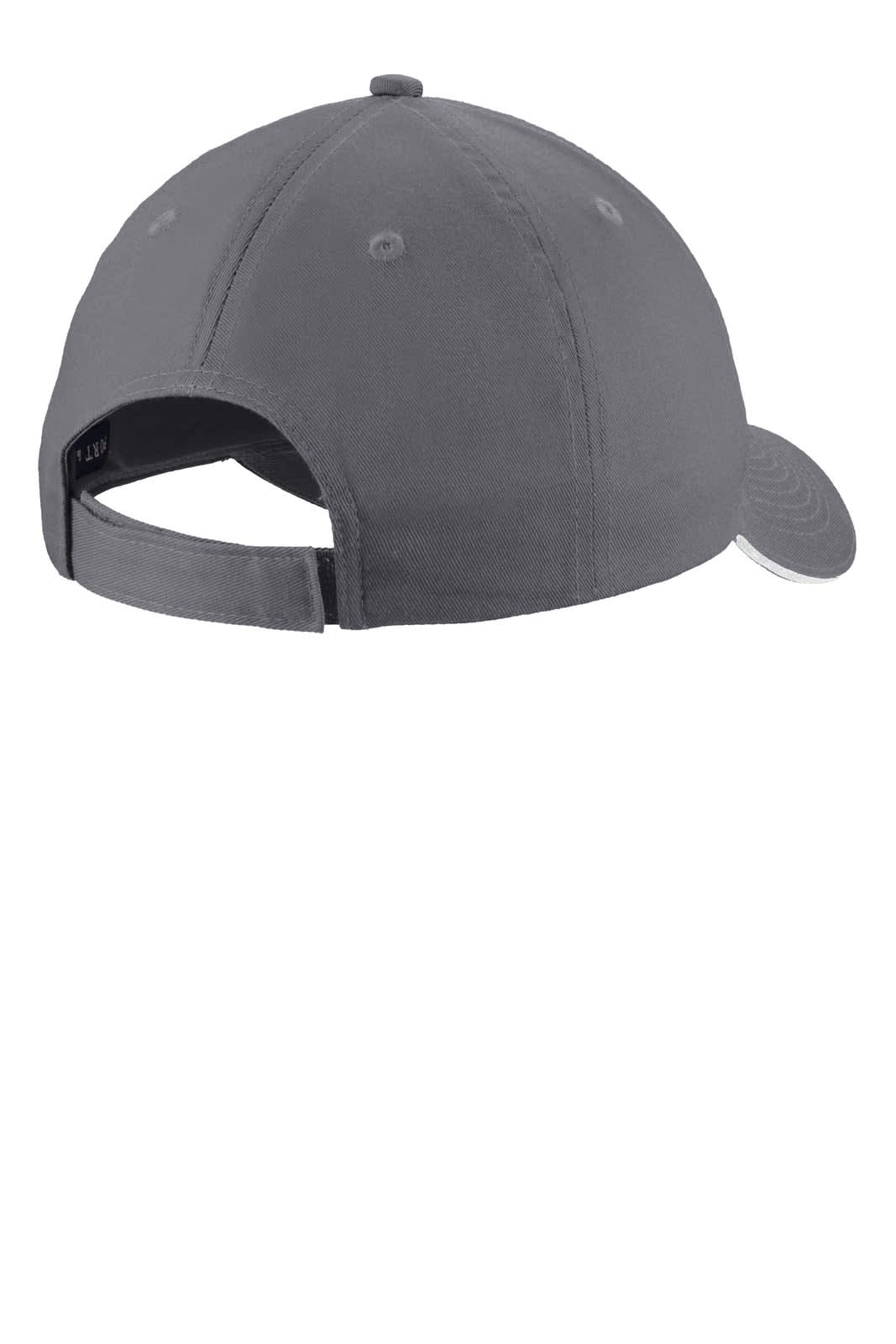 A grey unstructured sandwich bill cap with an adjustable back strap and a logo on the side.