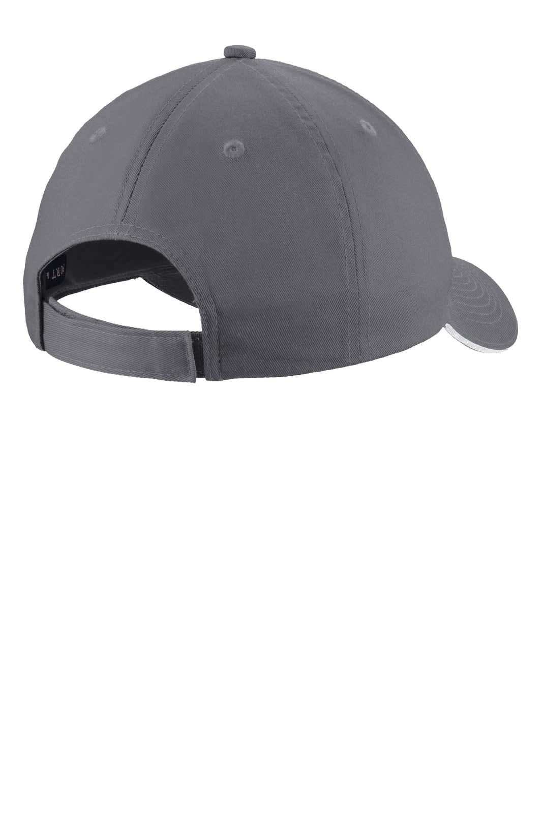A grey unstructured sandwich bill cap with an adjustable strap and a logo on the back.