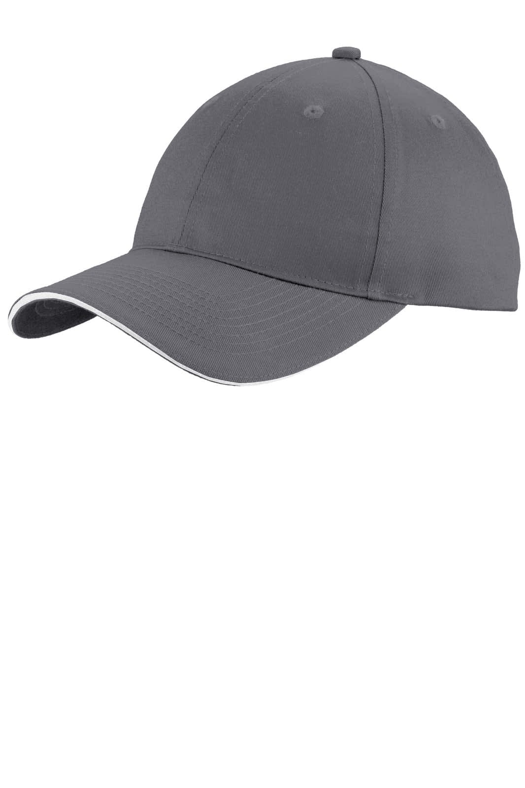 A grey unstructured cap with a sandwich bill and a contrasting trim, featuring a logo.