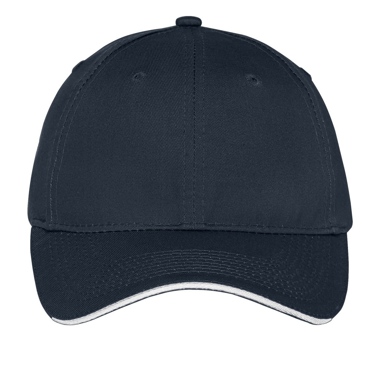 A navy unstructured cap with a sandwich bill and an embroidered logo on the front.