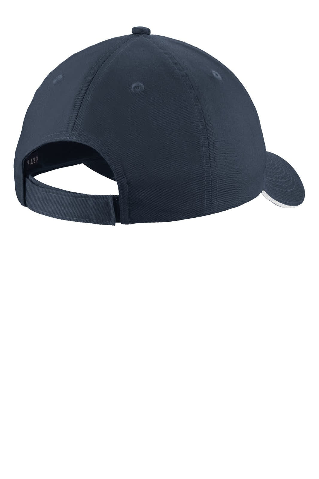 A navy blue unstructured cap with a sandwich bill and an adjustable strap at the back, featuring a logo.