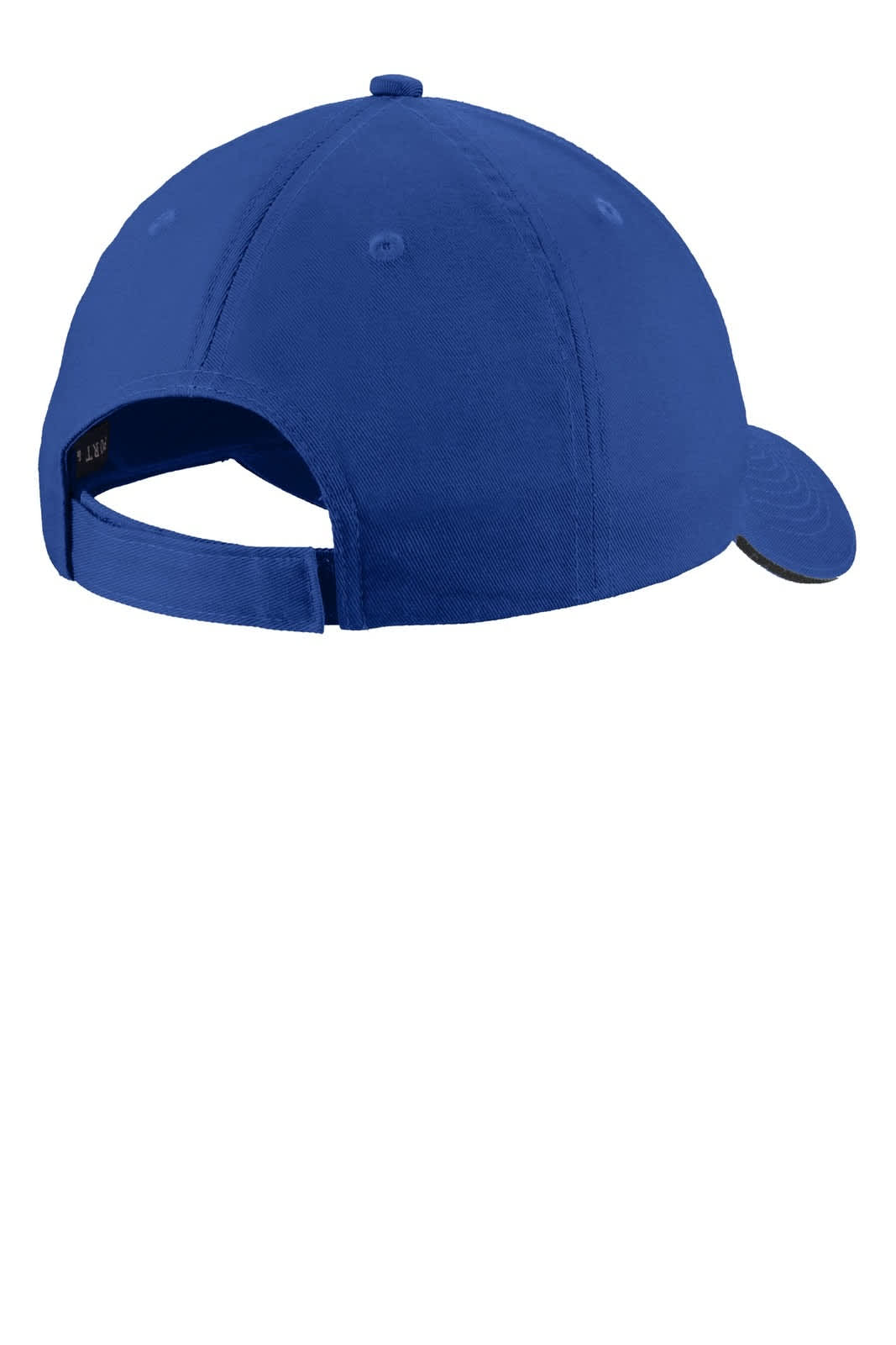 A blue unstructured sandwich bill cap with a rear adjustable strap and a logo at the back.