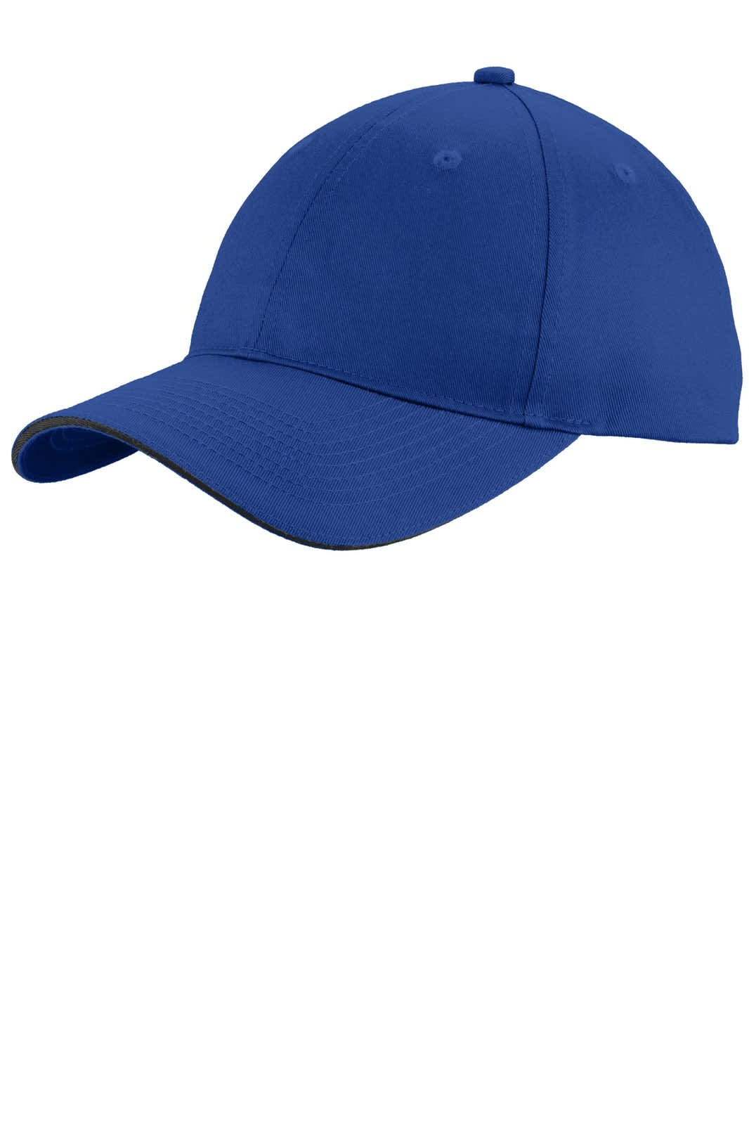 A blue unstructured sandwich bill cap with a curved peak and a logo on the front.