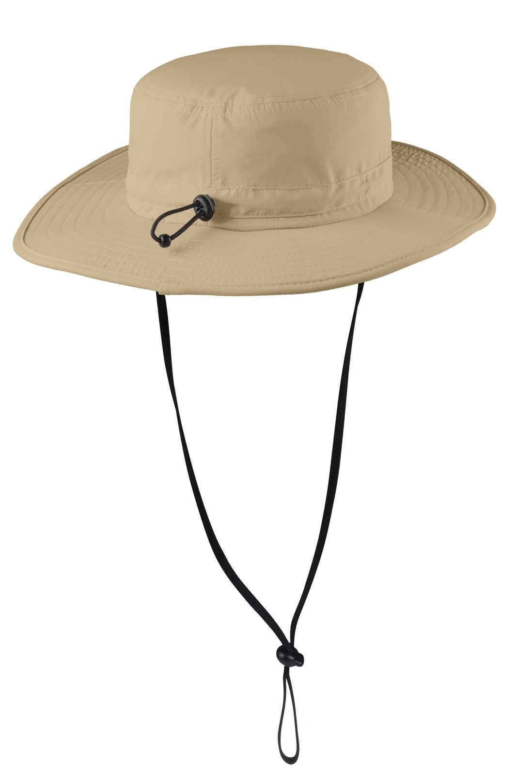 A wide-brim hat in khaki, featuring a drawstring and an adjustable chin strap, with a logo on the side.