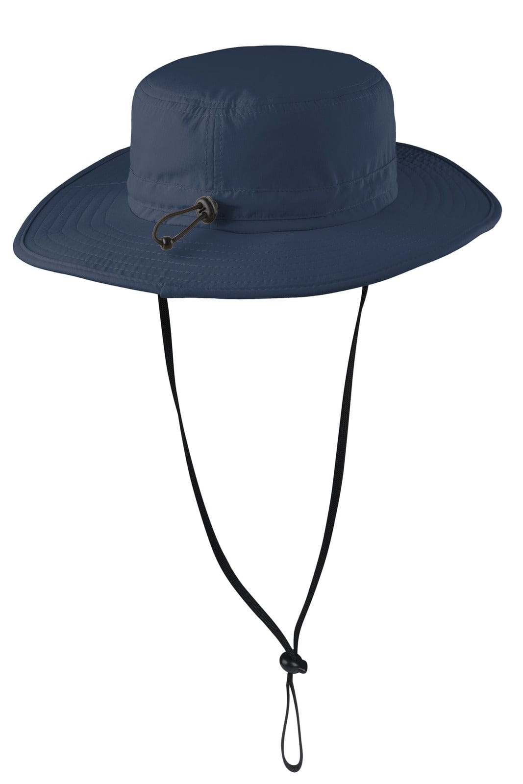 A wide-brim hat in navy blue with an adjustable chin strap and a branding logo.