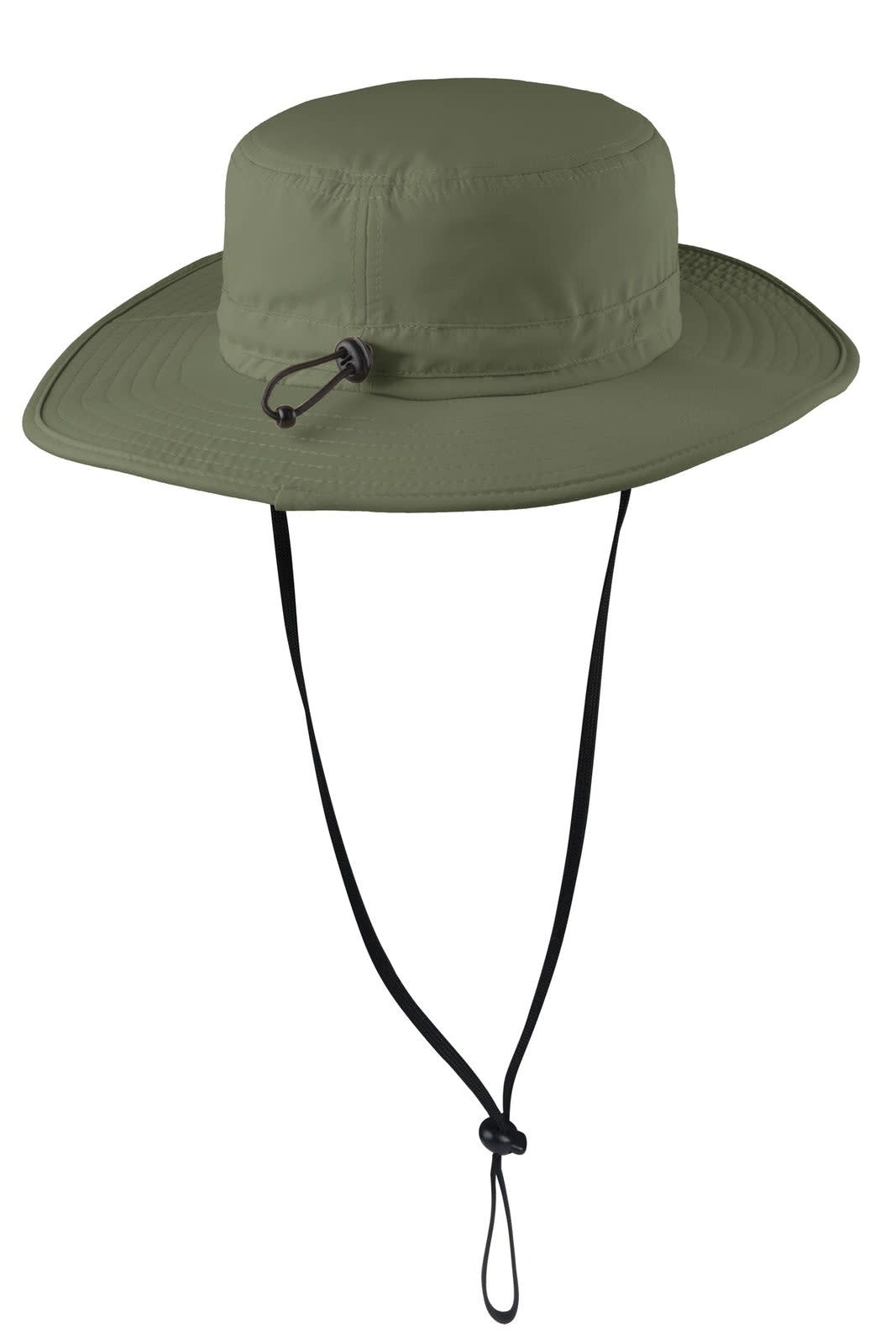 A wide-brim hat in olive green featuring a chin strap and an adjustable toggle. It has a logo on the side.