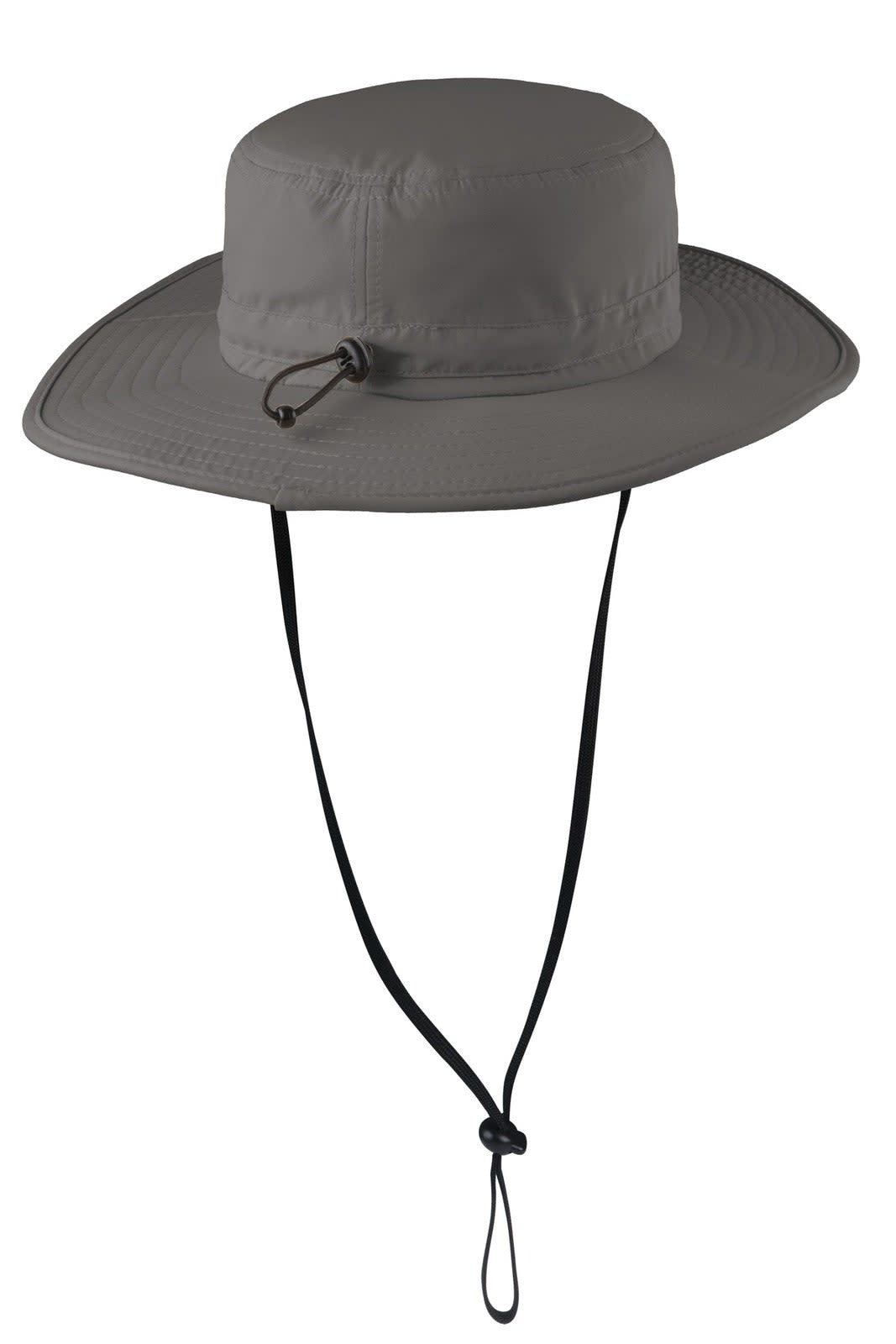 A grey wide-brim outdoor hat with a chin strap and adjustable toggle. Features a logo on the side.
