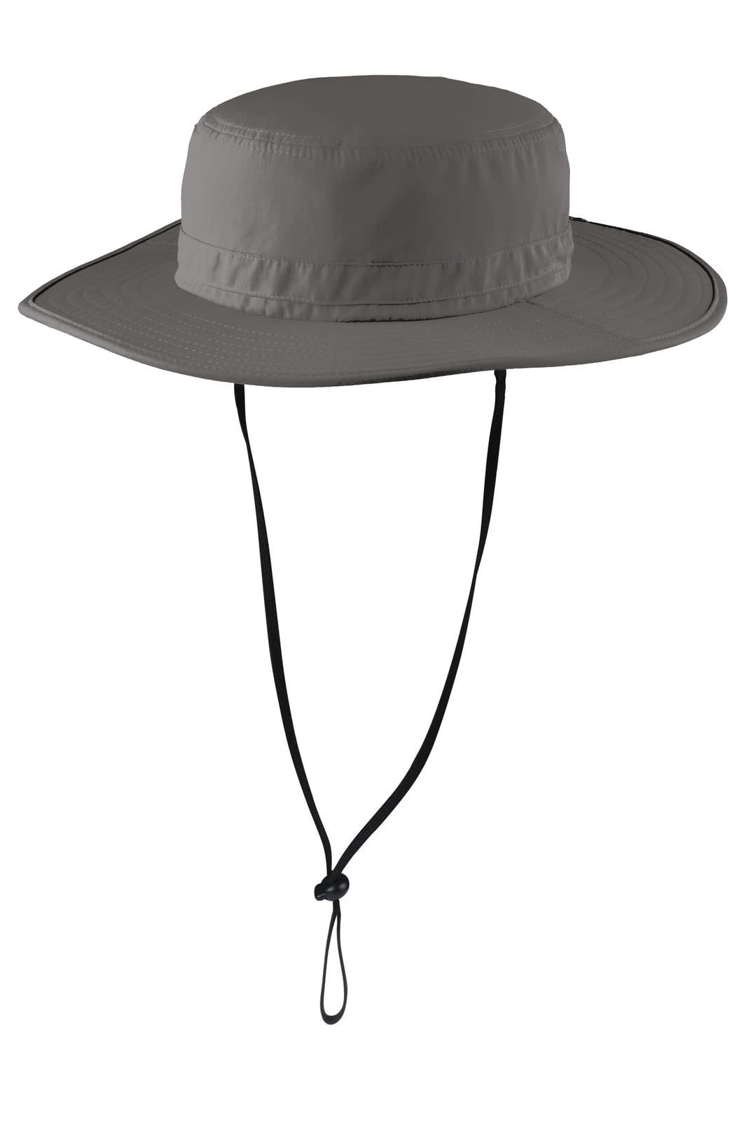 A wide-brim hat in grey with a chin strap, designed for outdoor use, featuring a logo.