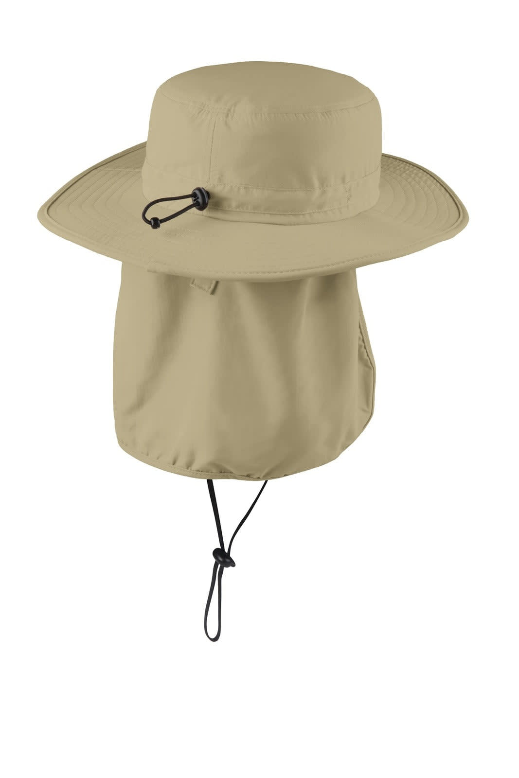 A wide-brim hat in a light beige colour with an adjustable chin strap and a neck flap for added protection.