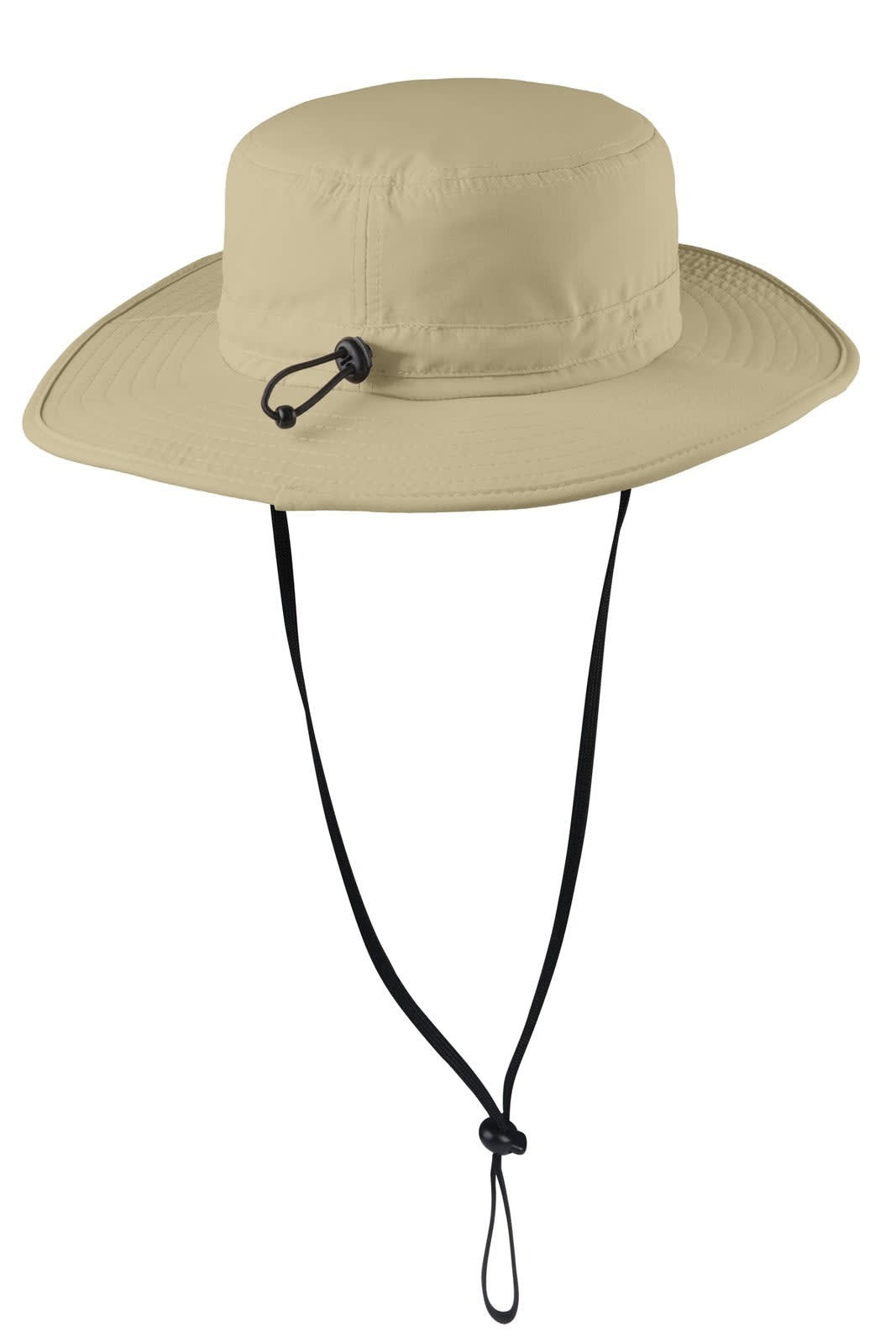 A wide-brim hat in light beige with a black adjustable chin strap and a logo, designed for outdoor wear.