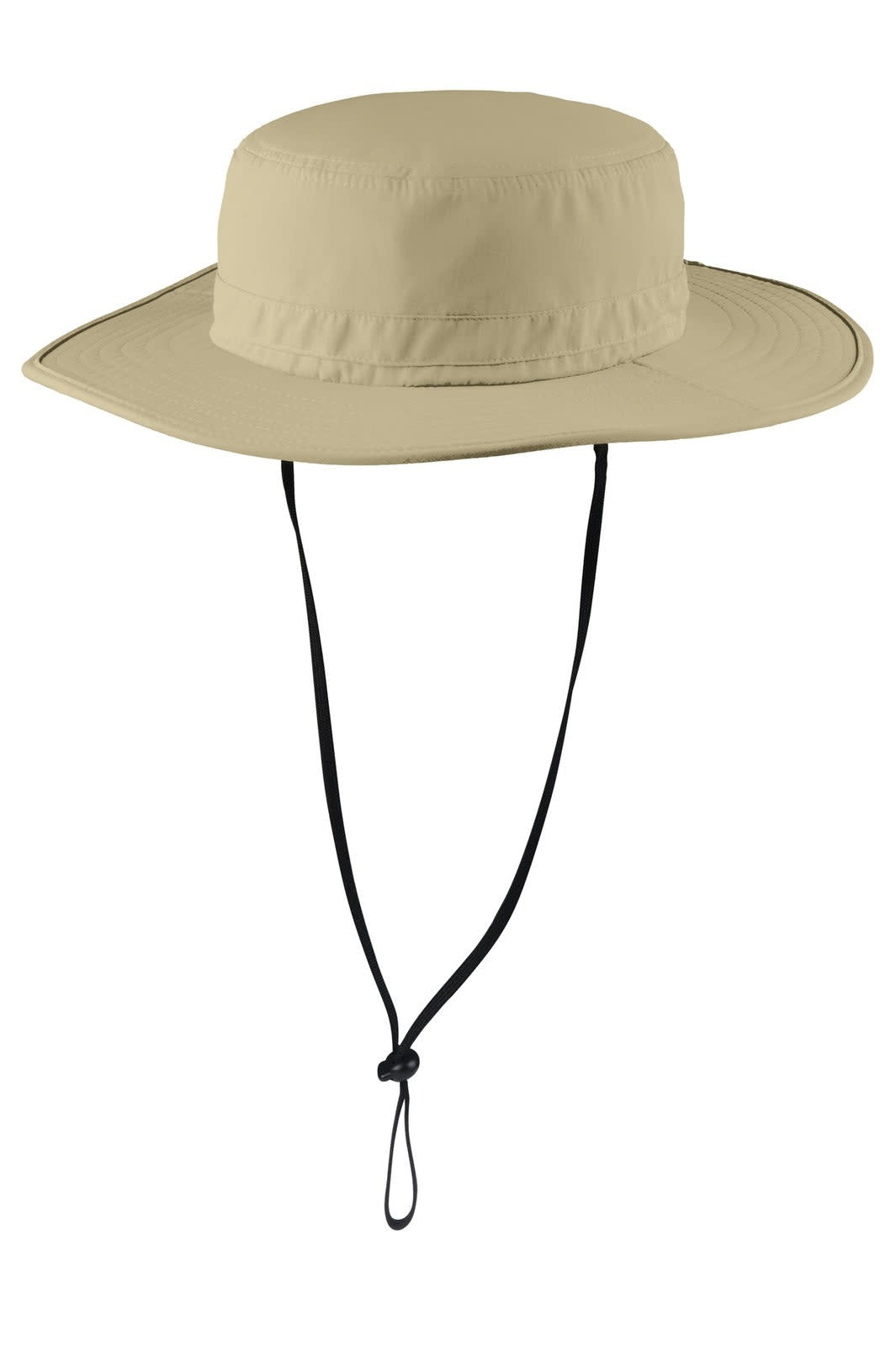 A wide-brim hat in beige with a chin strap, ideal for outdoor activities. It features a simple design and branding.