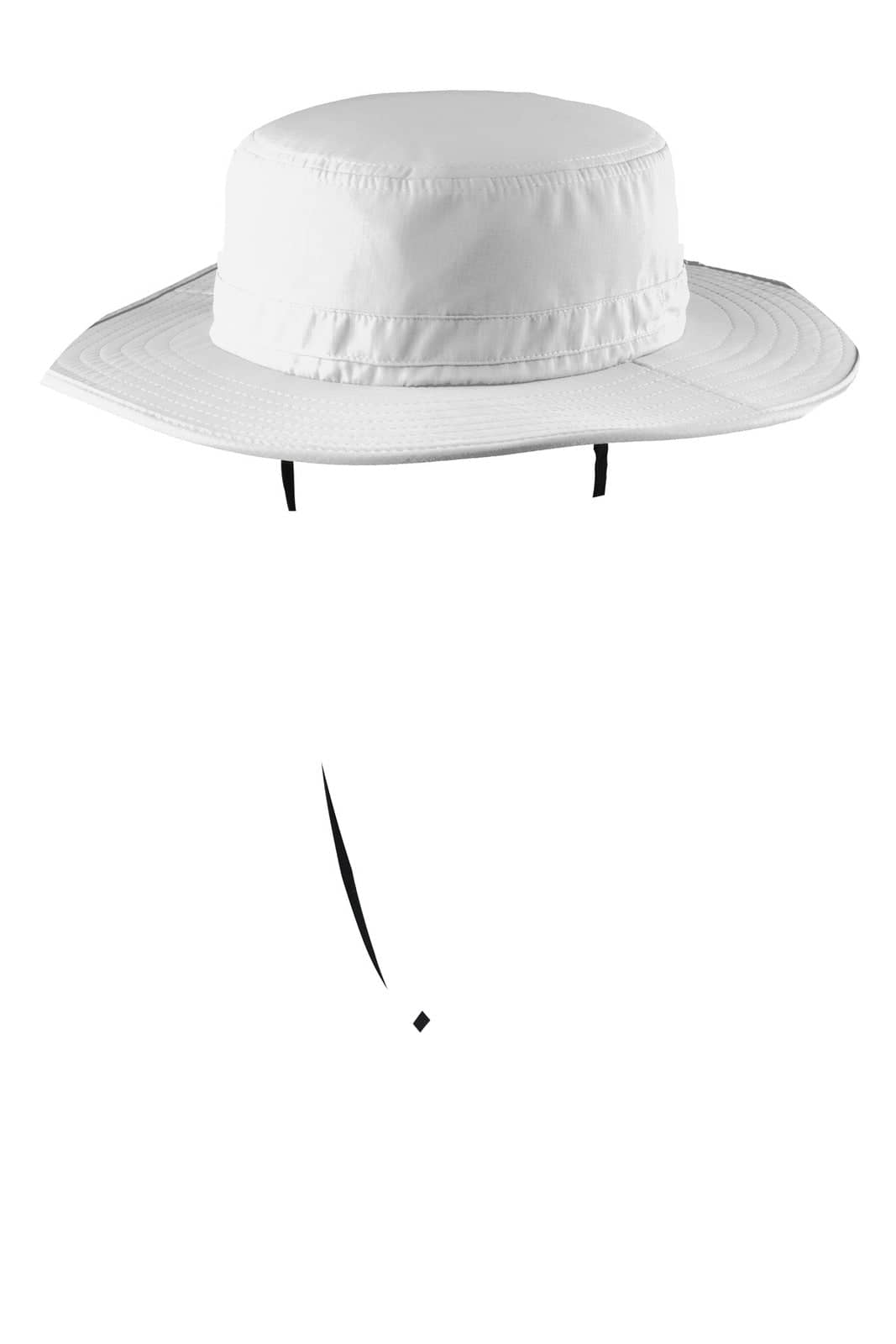 A wide-brim hat in white with a chin strap, featuring a logo on the side. Ideal for outdoor activities.