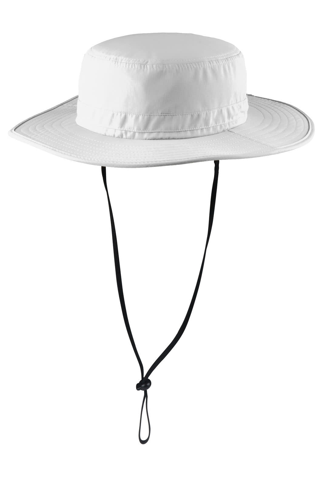 A wide-brimmed hat in white with a black chin strap and a simple logo. Ideal for outdoor activities.