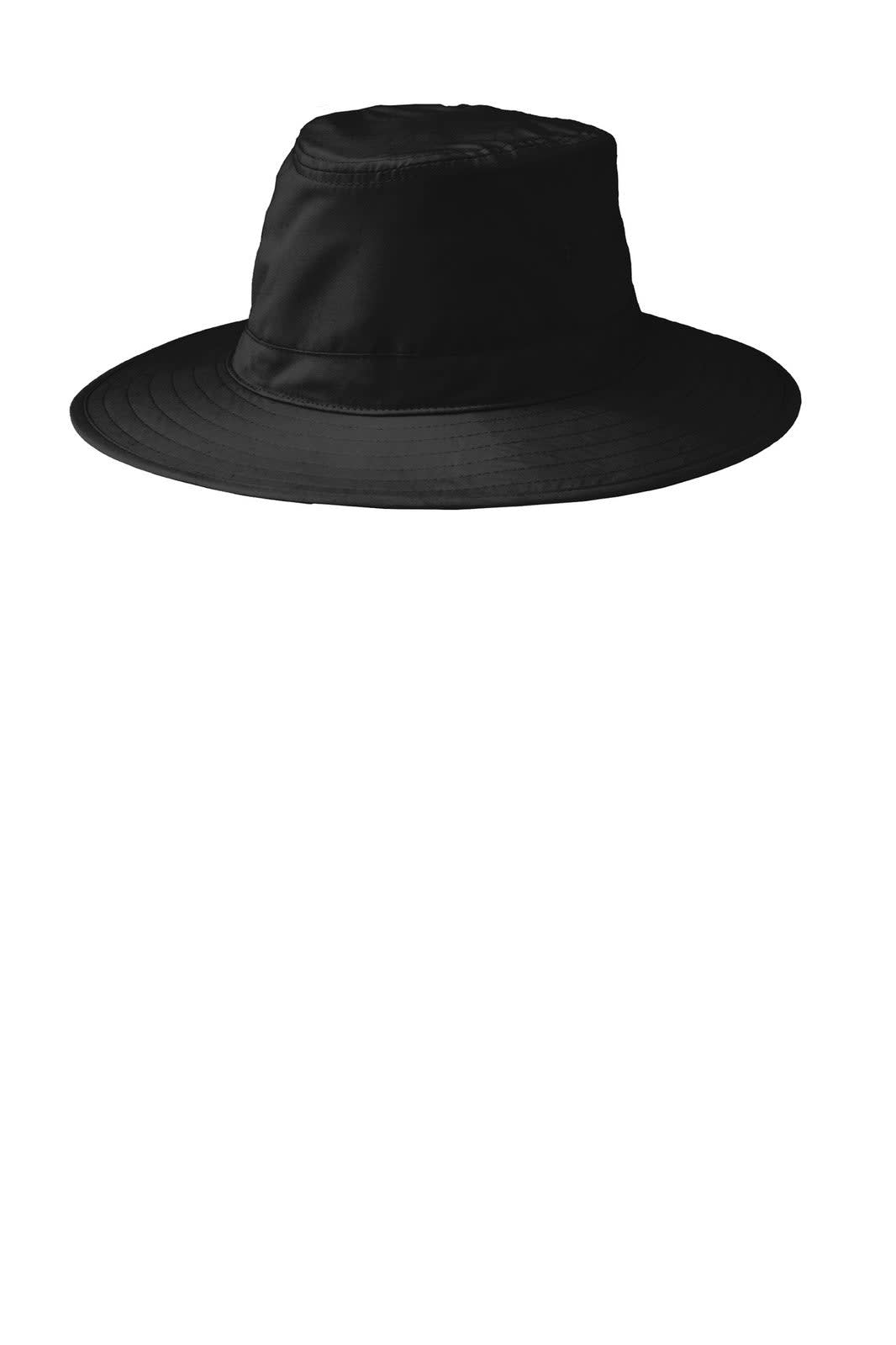 A black brim hat with a wide, flat brim and a structured crown, featuring a logo on the side.
