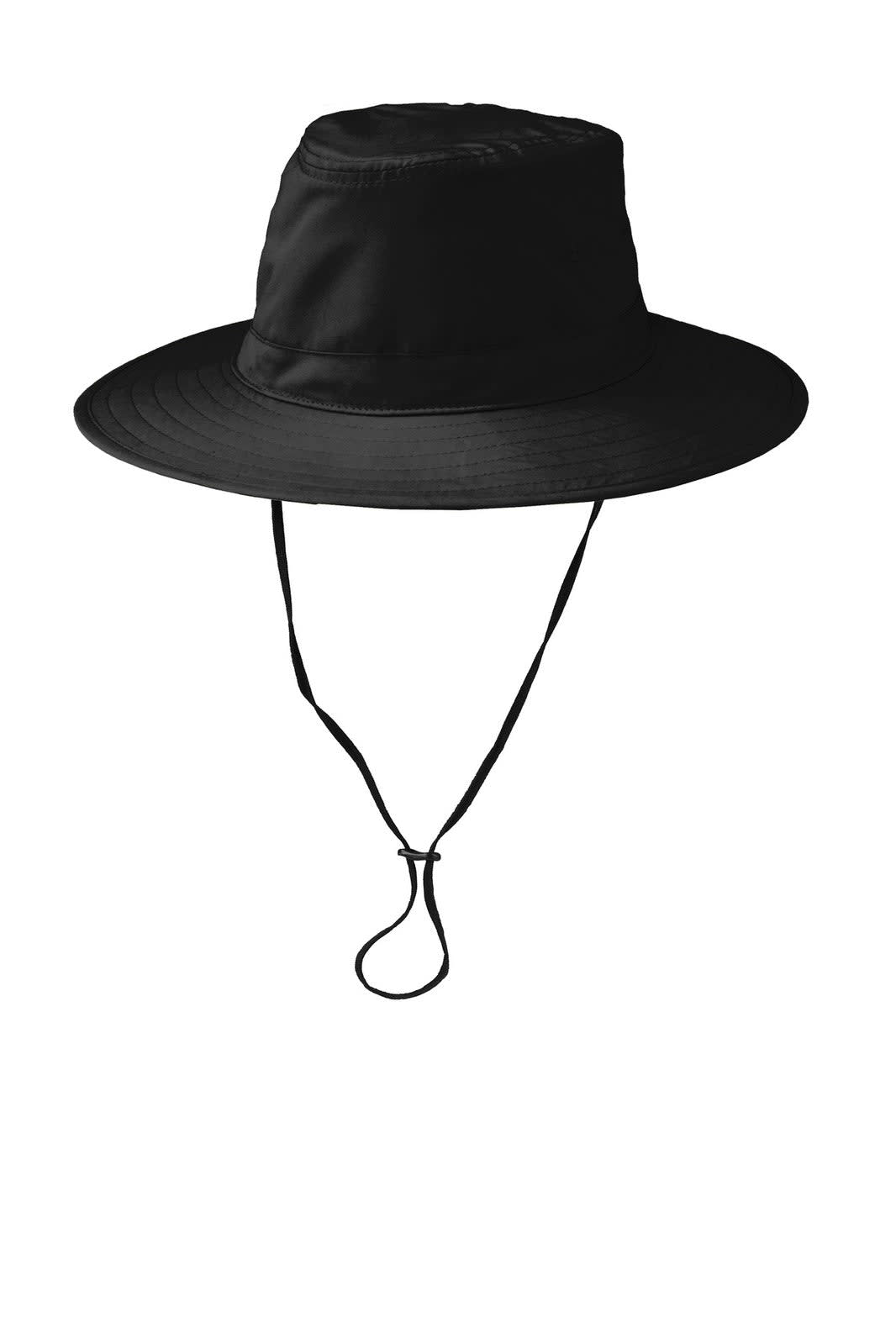 A black brim hat with a wide brim and a chin strap. It has a simple design and features a logo.