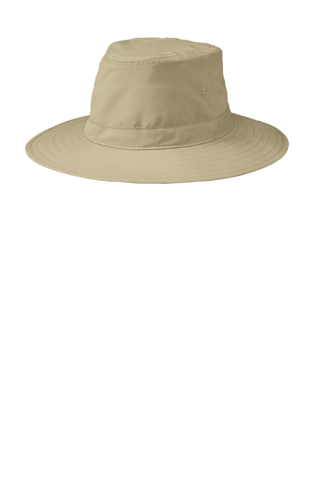 A beige brim hat with a wide brim and a simple design, featuring a branding logo.